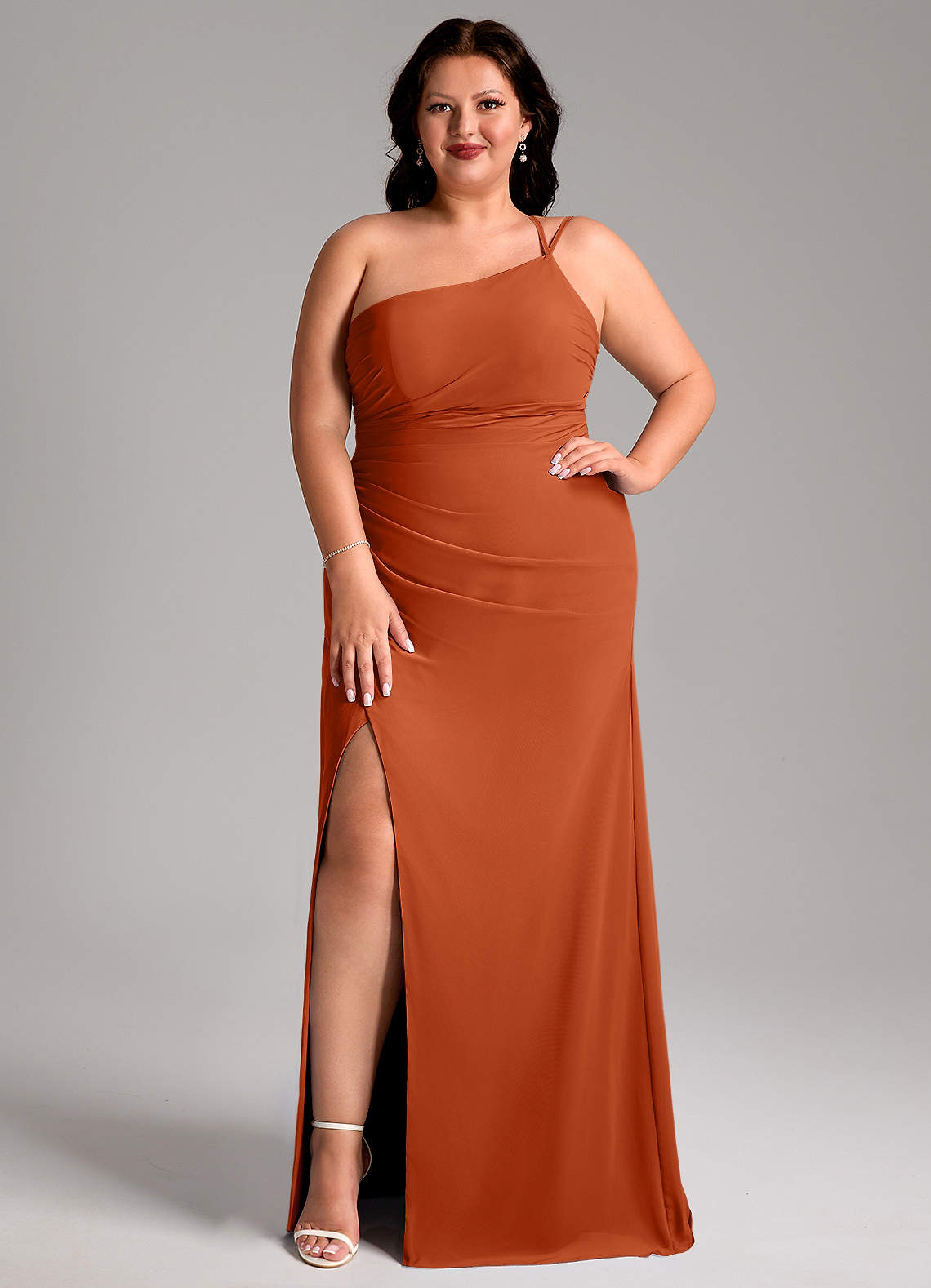 Azazie Eren Jurken voor bruidsmeisjes Jurk van Chiffon met Kolom One-Shoulder Verbrande Sinaasappel image1