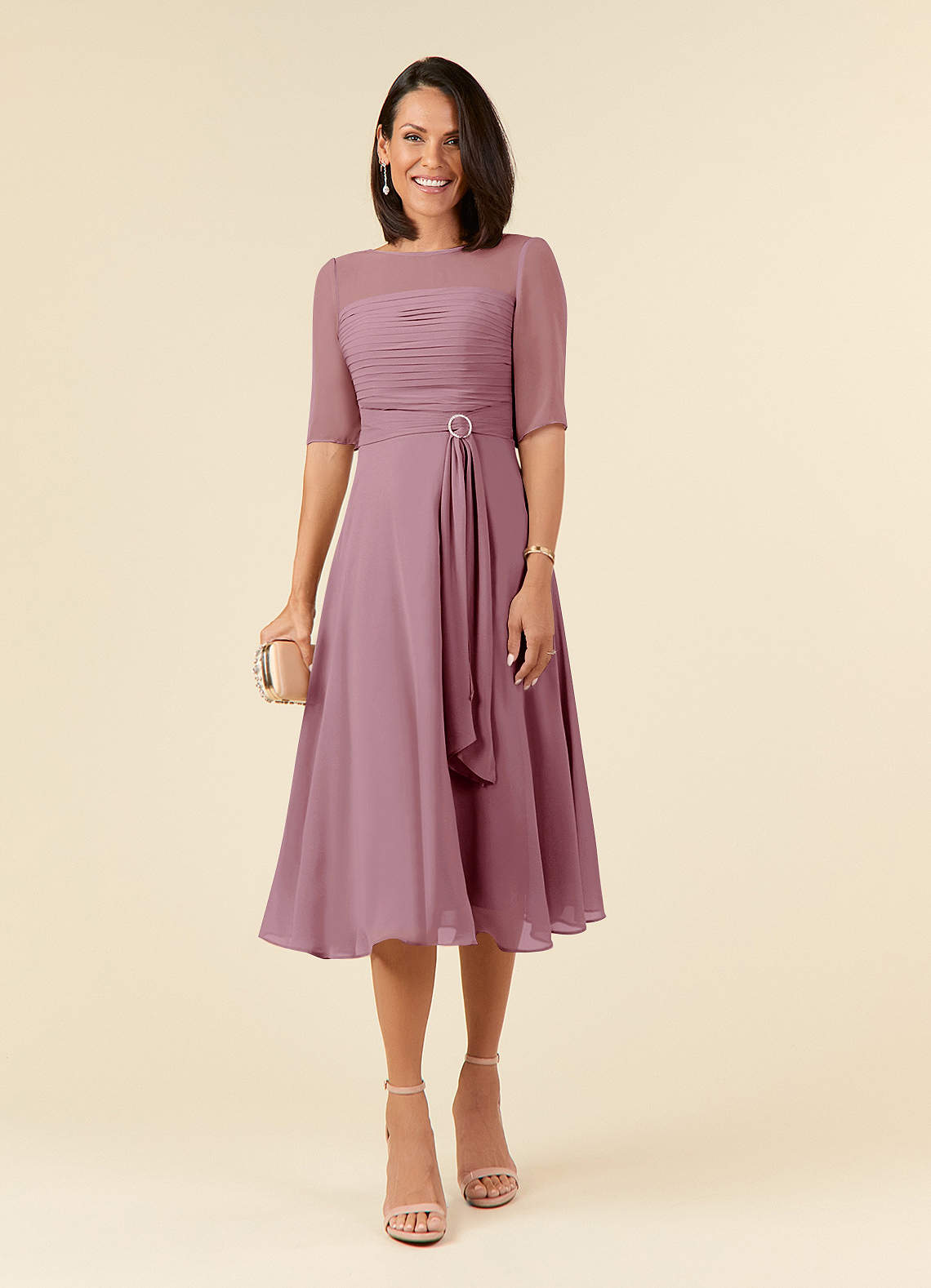 Azazie Naomi Mother of the Bride Dresses Vintage Mauve A-Line Boatneck Pleated Chiffon Dress image1
