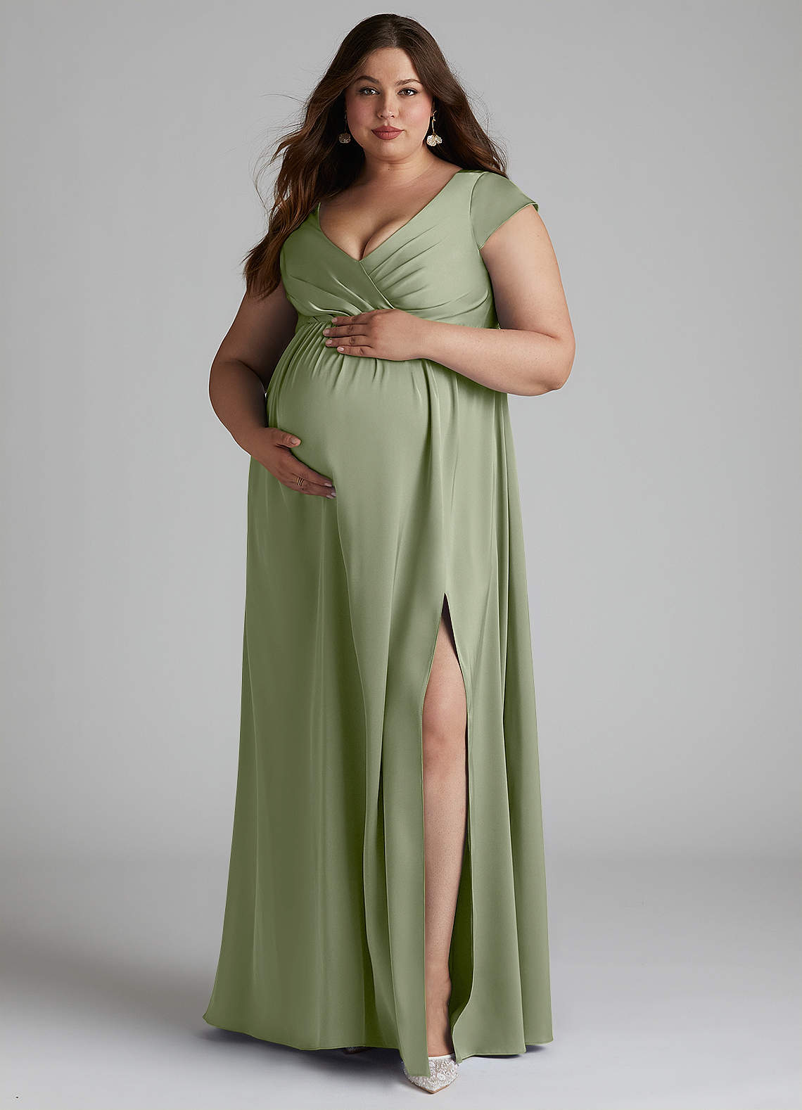 azazie maternity bridesmaid dress Plus Size A-Line/Princess V-Neck Floor-Length Stretch Satin Dresses 8 months pregnant bridesmaid