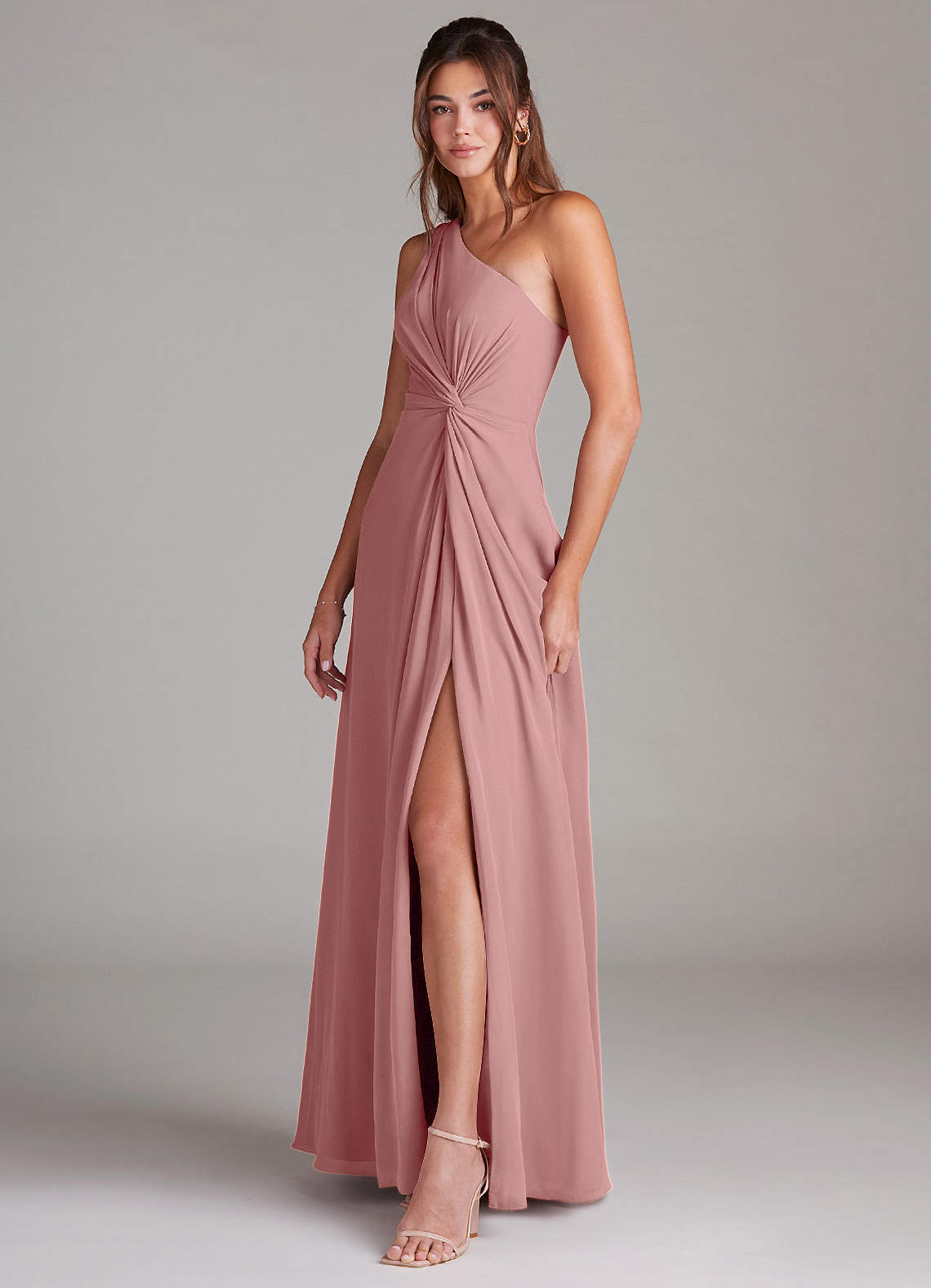 Azazie Brooke Bridesmaid Dresses Dusty Rose A-Line One Shoulder Chiffon Dress image4