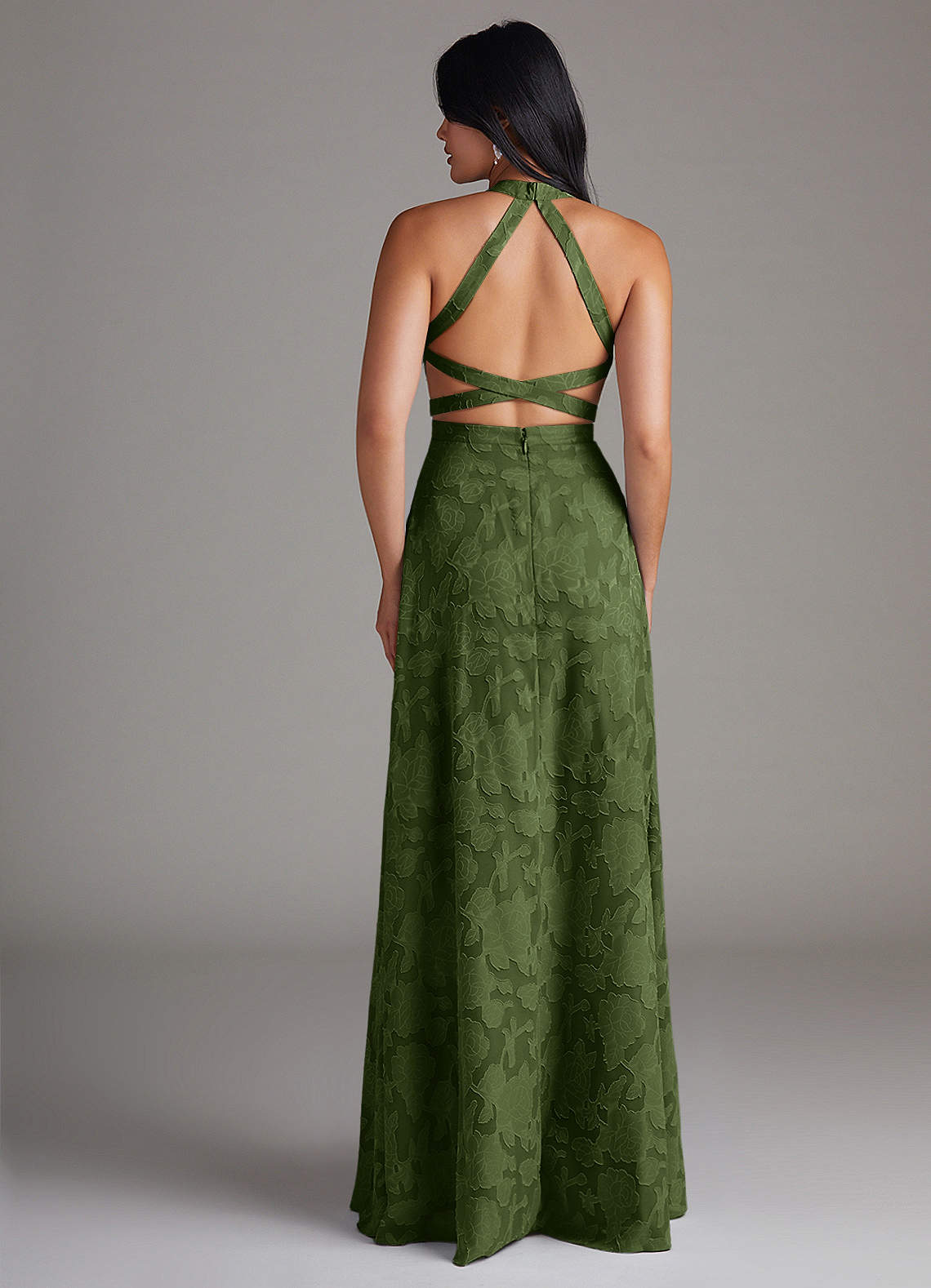 Azazie Clarice Bridesmaid Dresses Olive A-Line Side Slit Floral Burnout Dress image1