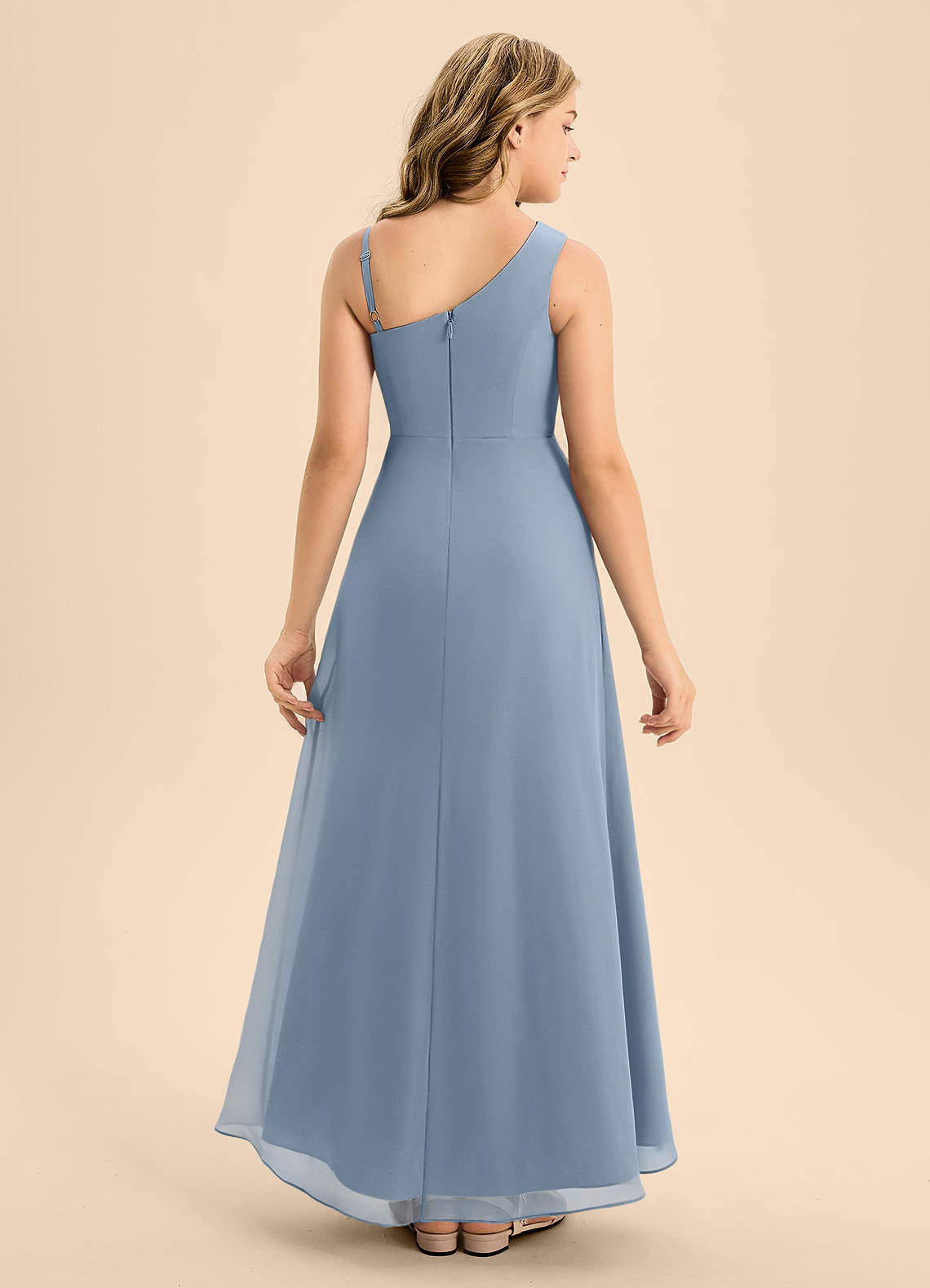 Azazie Brooke Junior Abito A-Line in Chiffon Spacco Laterale Blu Polveroso image1