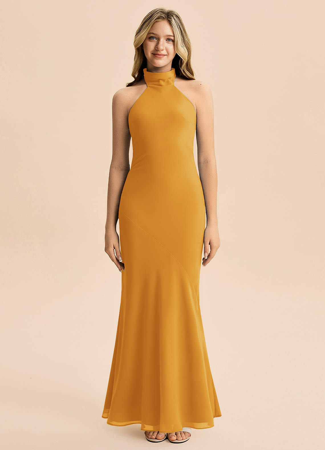 Azazie Velli Junior Vestido Caramelo de Chiffon de sereia com Pescoço alto image2