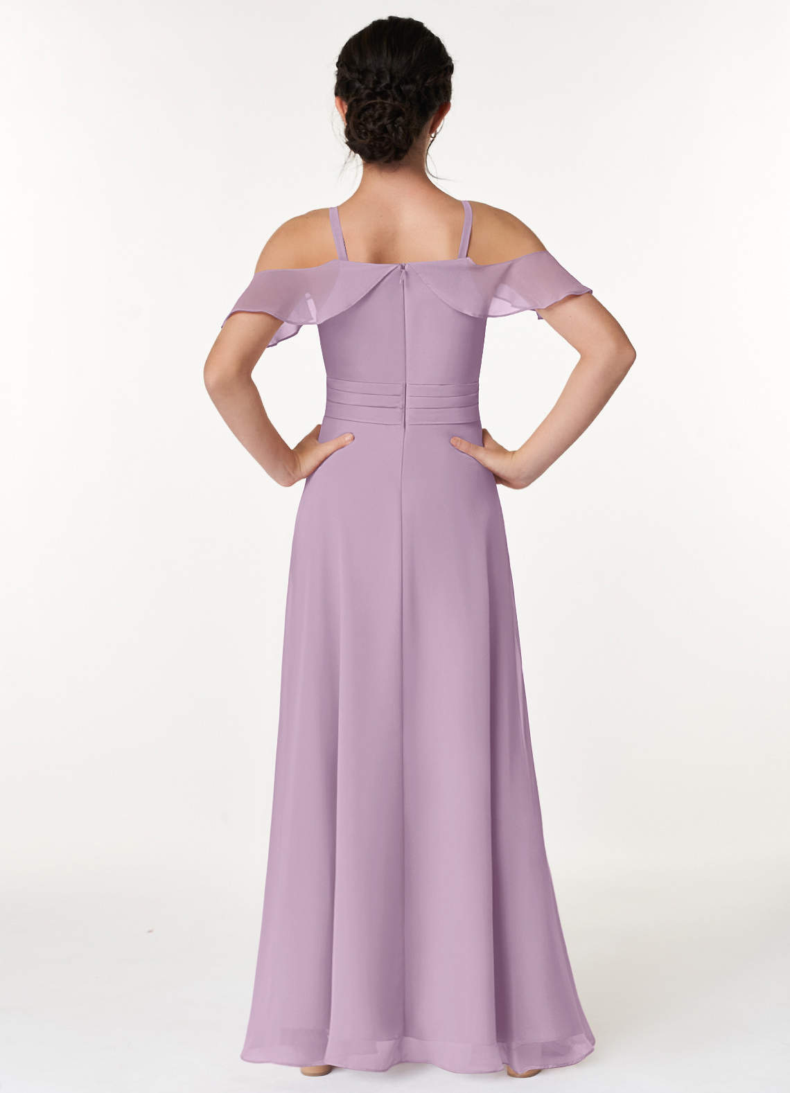 Azazie Dakota Junior Vestido Glicínia de Chiffon de Linha A com Fora do ombro image1