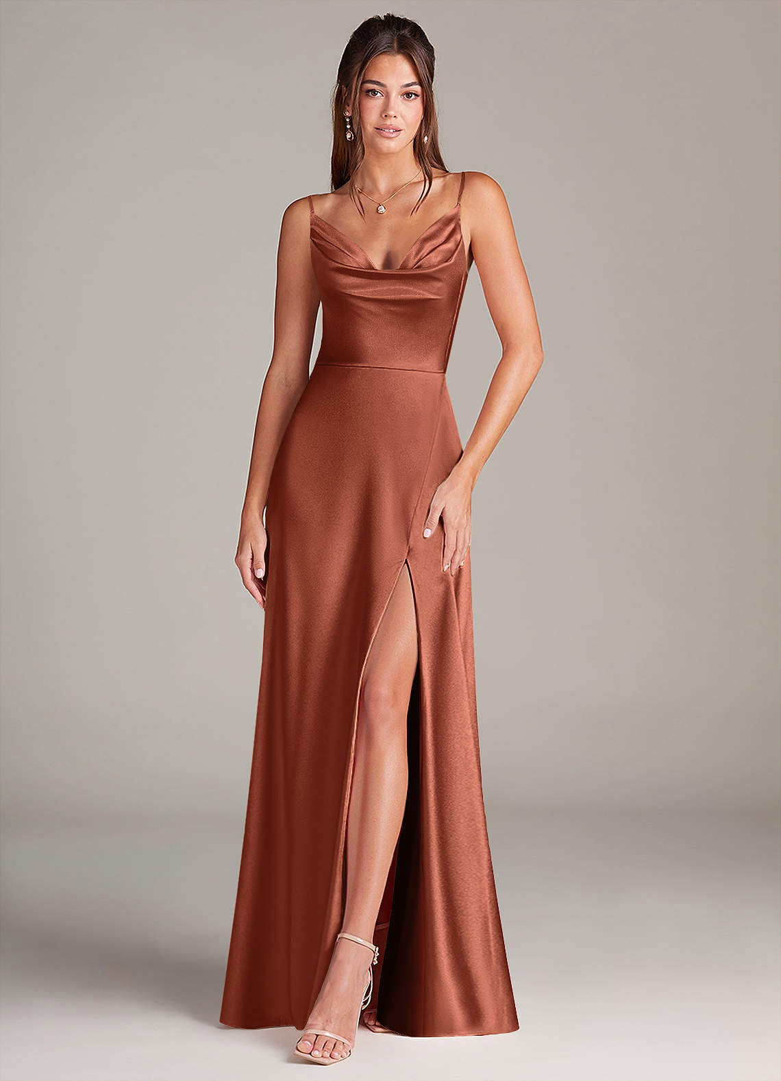 Azazie Sarella Bridesmaid Dresses Clay A-Line Pleated Stretch Satin Dress image1
