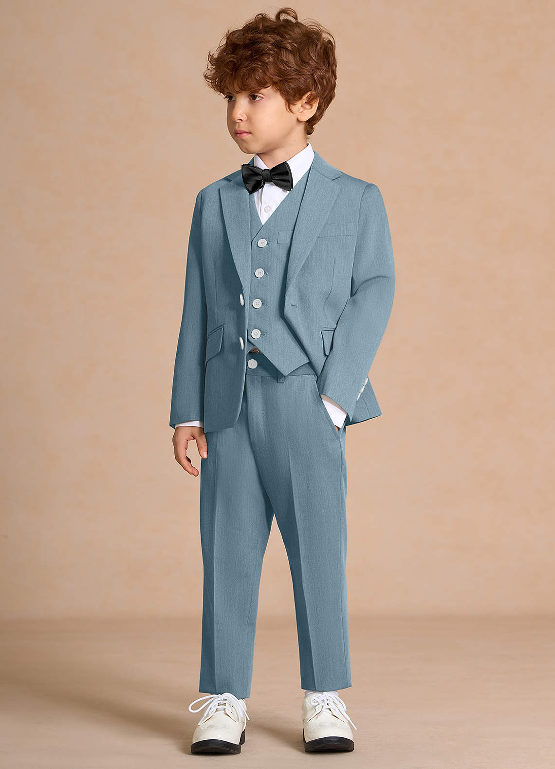 front Oliver 하늘색 나비넥타이가 달린 소년용 5피스 정장