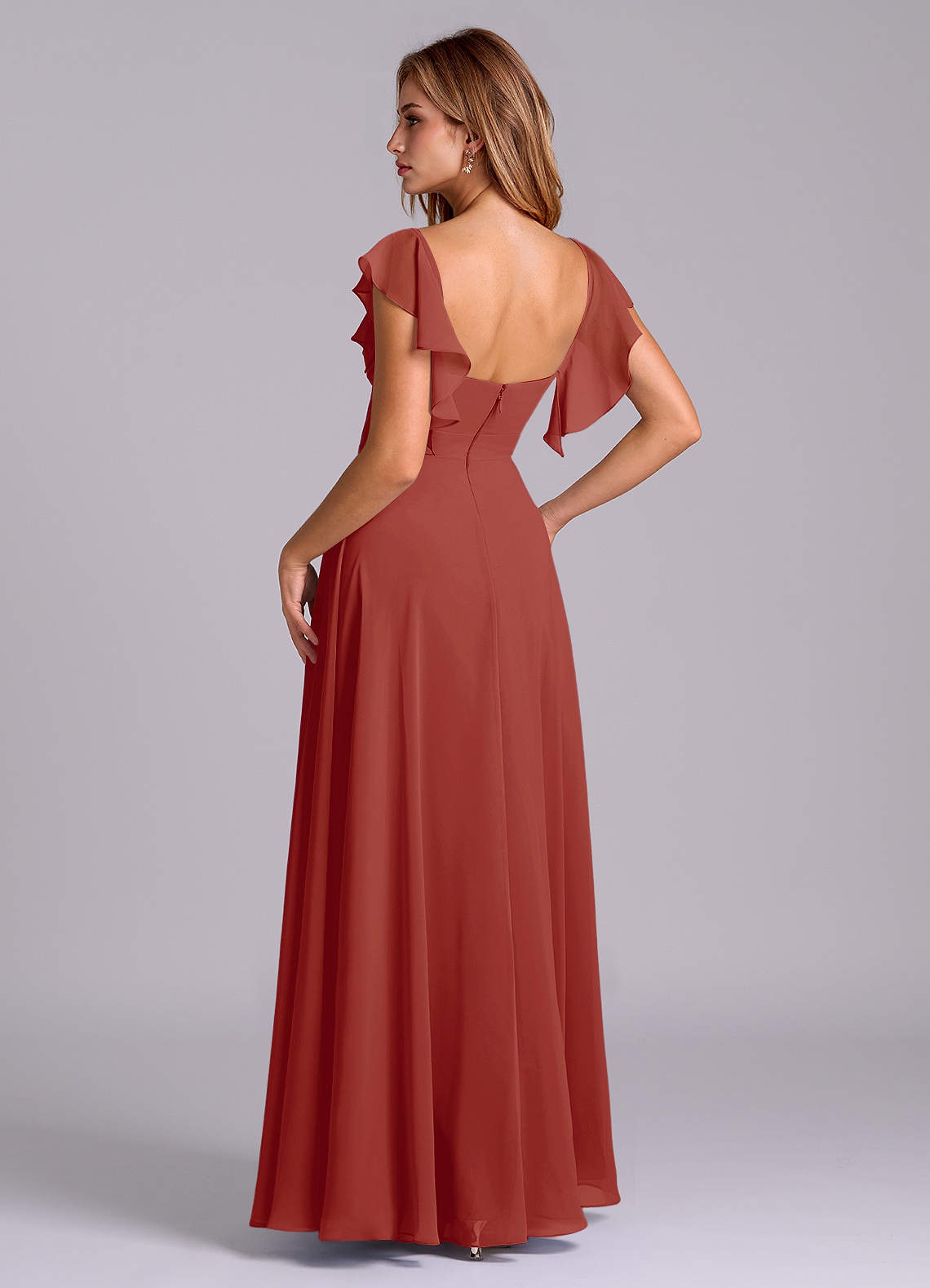 Azazie Leilani Vestidos de madrinha de casamento Vestido Terracota de Chiffon de Linha A com Plissado image4