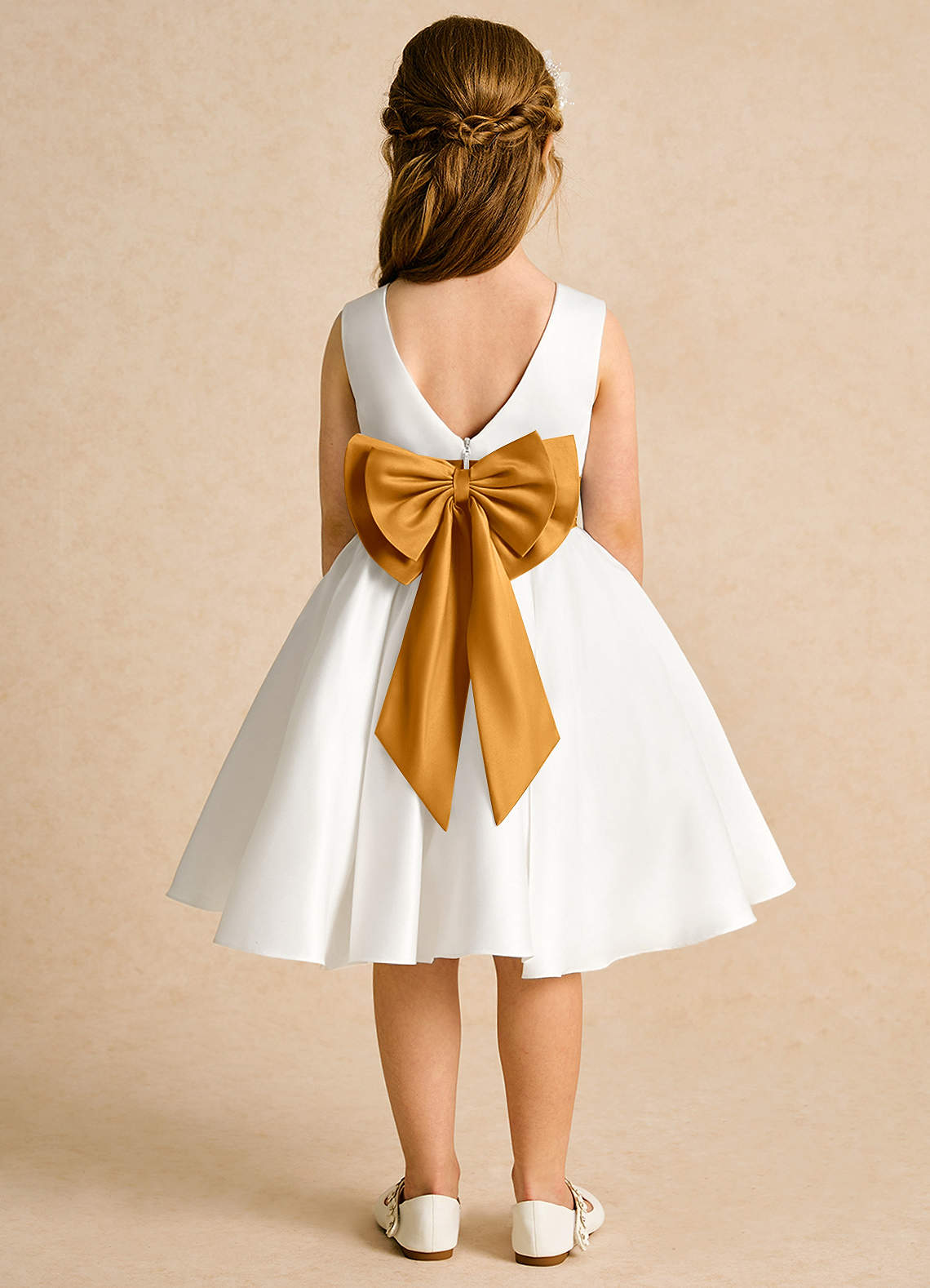 Azazie Sosie Flower Girl Dresses Ivory Butterscotch A-Line Pleated Matte Satin Dress image1