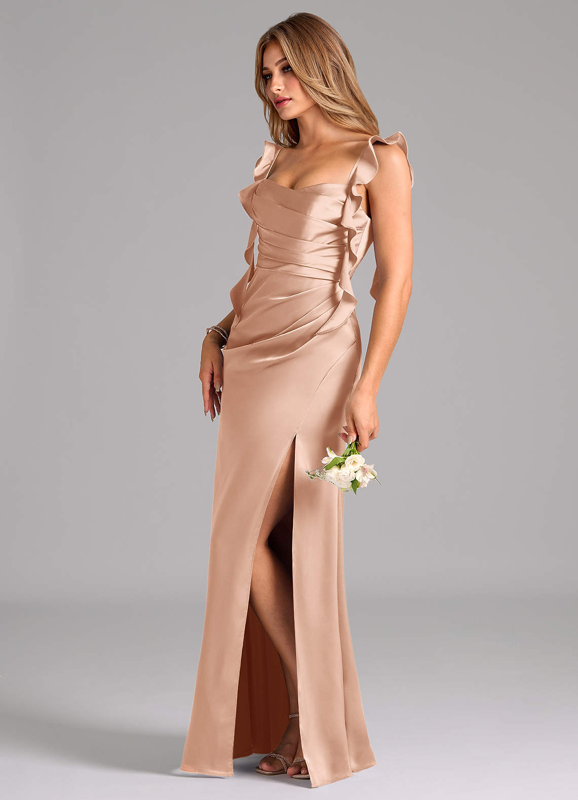 Azazie Jessamine Rose Gold Stretch Satin Bridesmaid Dresses | Azazie