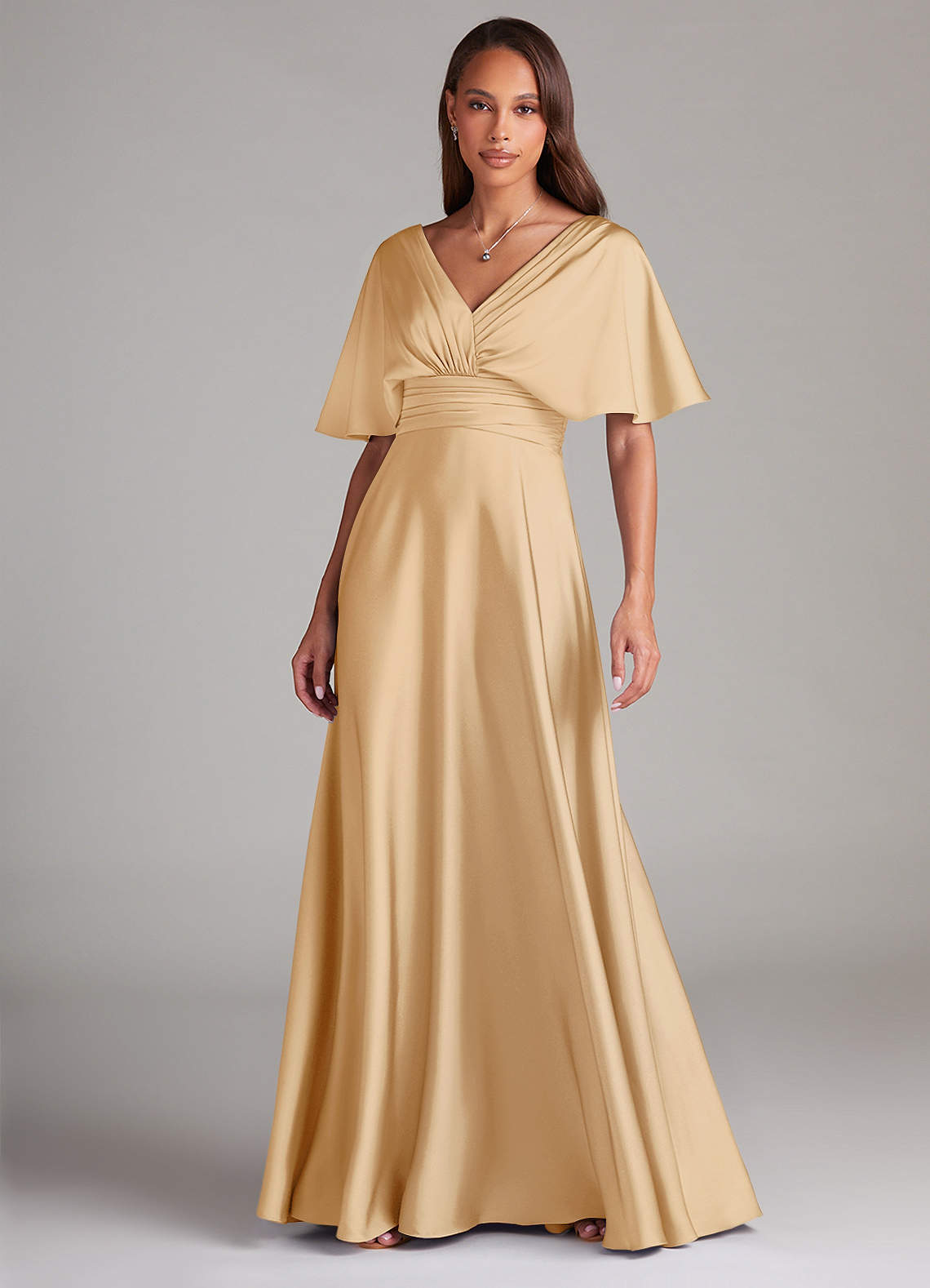 Azazie A-Line V-Neck Floor-Length Stretch Satin Bridesmaid Dresses - Gold