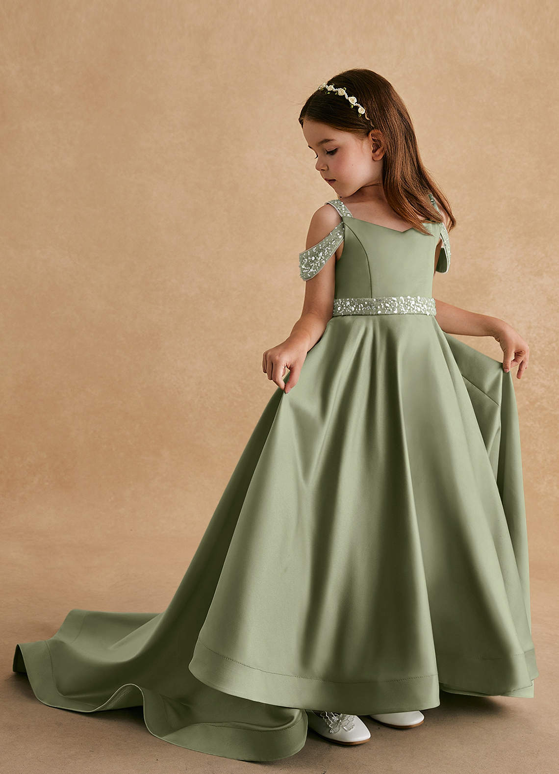 Azazie Jodi vestidos de niña de las flores Vestido de Pistacho de Satin Mate de Corte En A image1