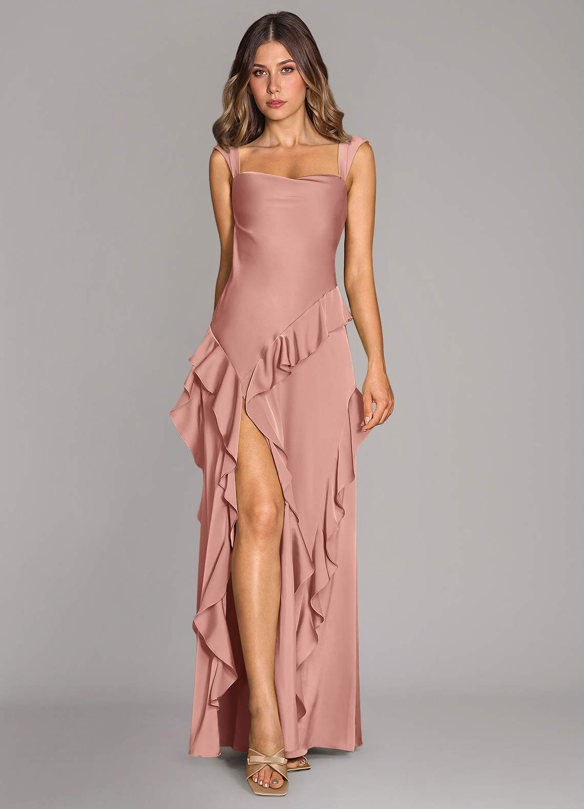 Azazie Sloane Essayer des robes à la maison Robe Trapèze en Satin extensible Encolure en Forme de Cœur Rosette image1