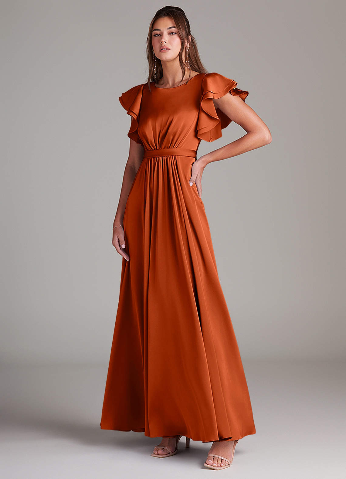 Azazie Daphne Modest Bridesmaid Dresses A-Line Ruched Stretch Satin Floor-Length Dress image3