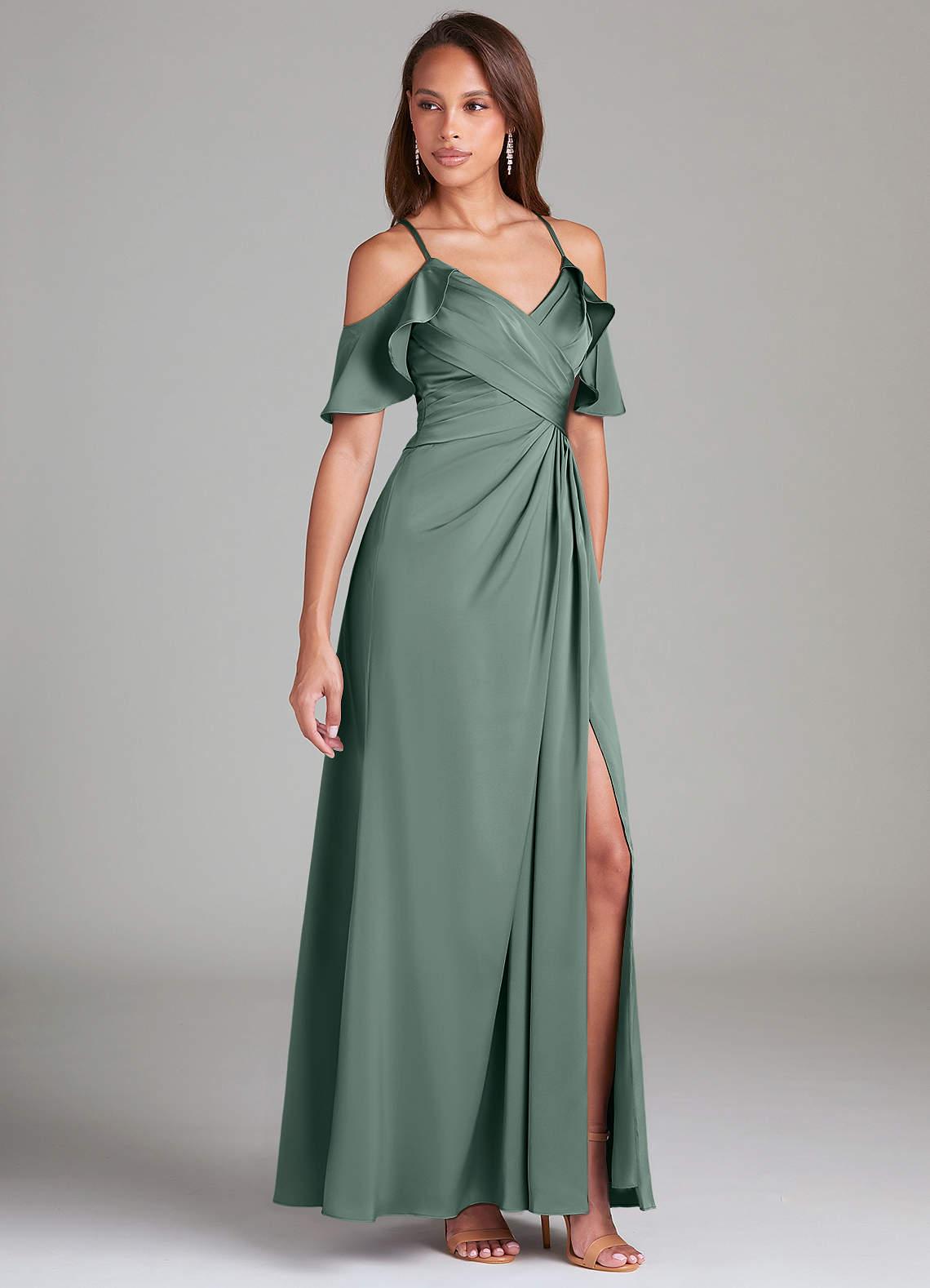 Azazie Dakota Bridesmaid Dresses Sea Moss A-Line Off the Shoulder Stretch Satin Dress image1