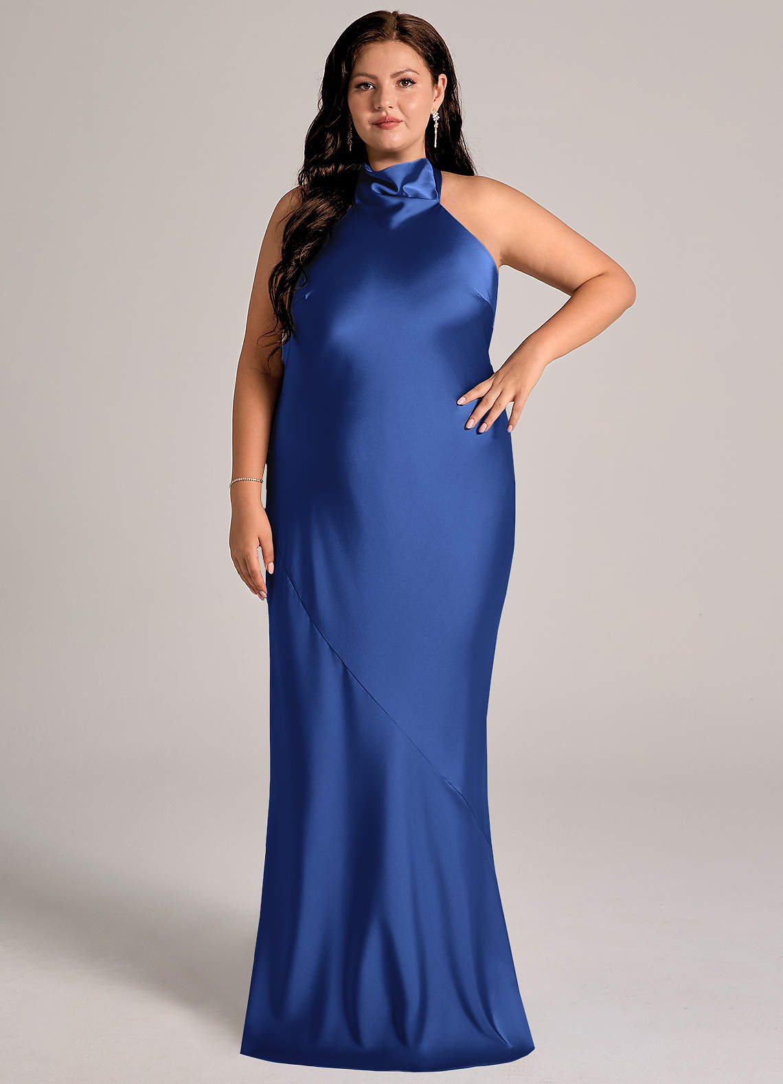Azazie Velli Bridesmaid Dresses Royal Blue Mermaid High Neck Stretch Satin Dress image1