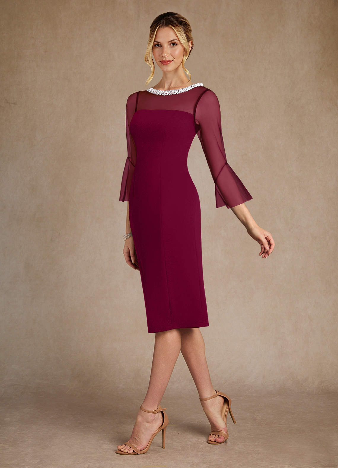 Azazie Bellevue Burgundy Sheath Beaded Stretch Crepe Dress | Azazie