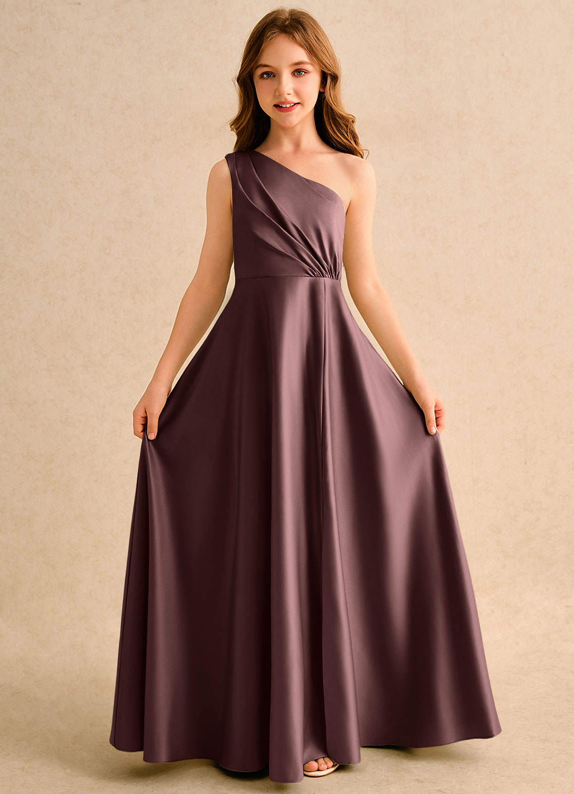 Azazie Puddles Girls Formal Flower Girl Dresses Espresso A-Line One Shoulder Matte Satin Dress image4