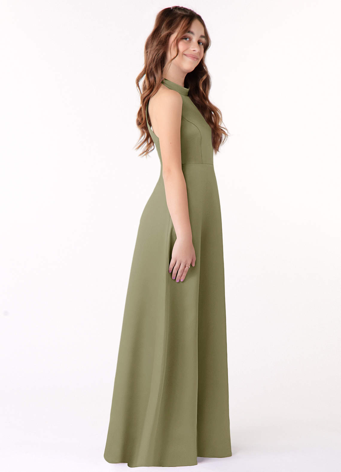Azazie Laurel Junior Pistachio A-Line Stretch Satin Dress image1