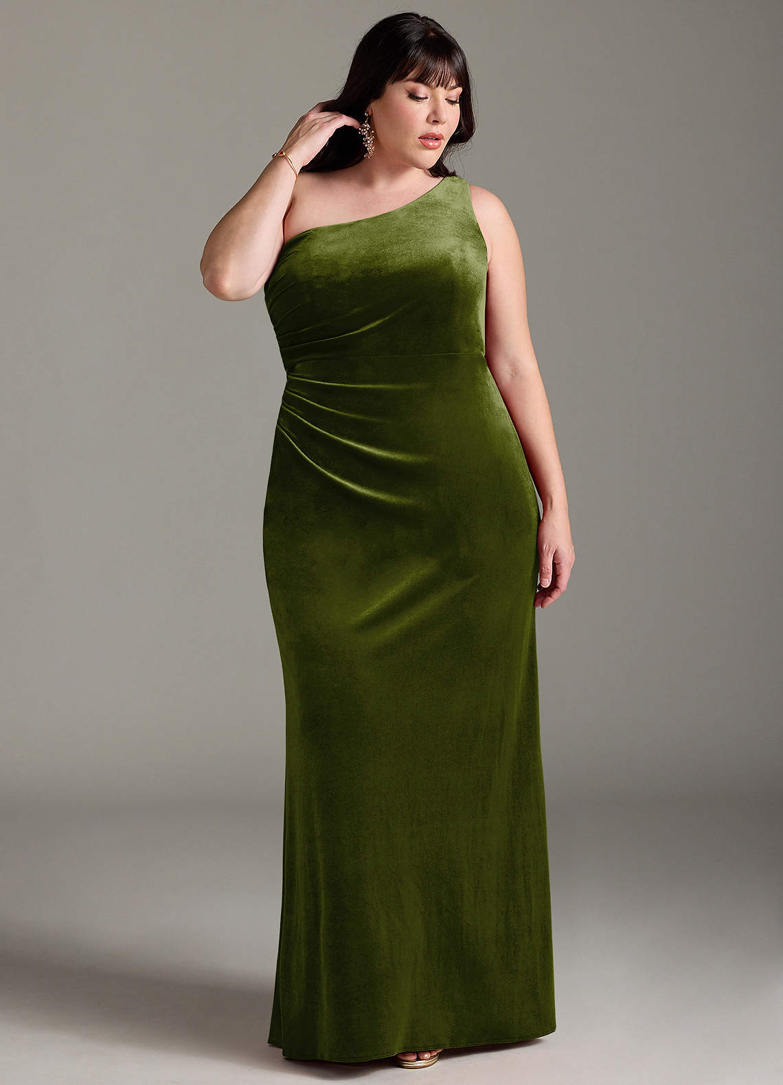 Azazie Argan Bridesmaid Dresses Olive Mermaid One Shoulder Pleated Velvet Dress image1