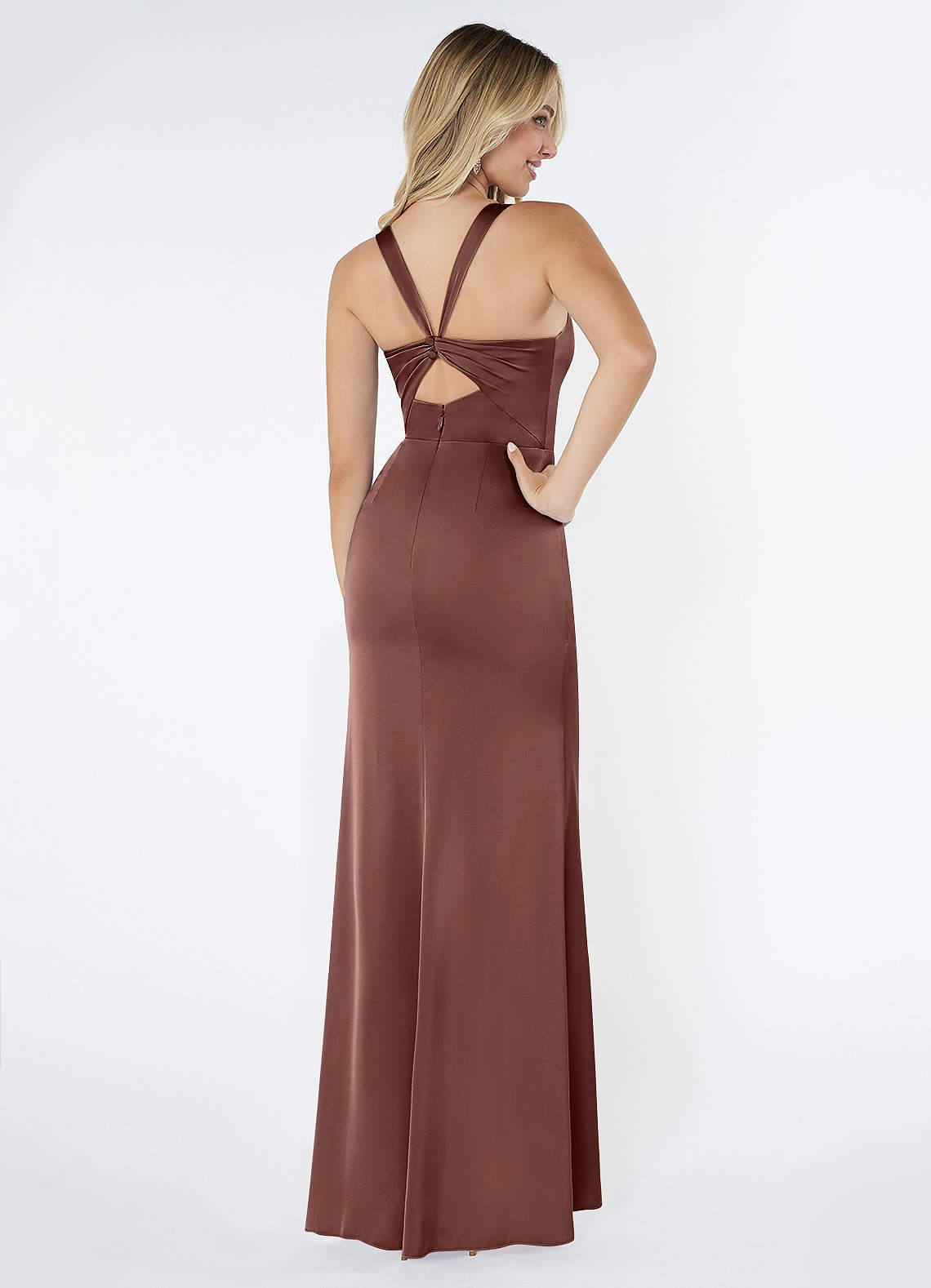 Azazie Mero Vestidos de madrinha de casamento Vestido Café Expresso de Cetim elástico de Bainha com Plissado image2