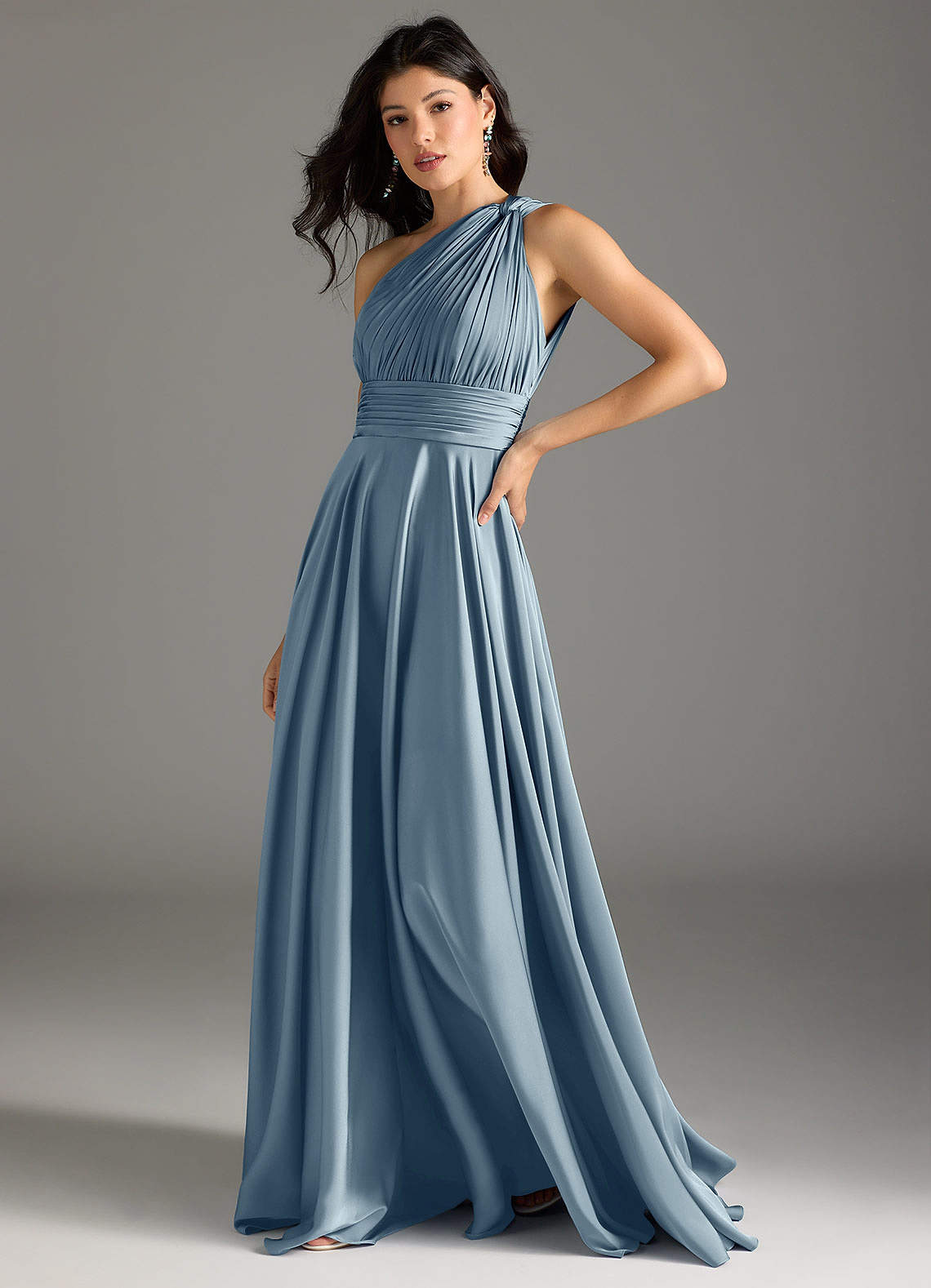 Azazie Charlize Bridesmaid Dresses Dusty Blue A-Line One Shoulder Stretch Satin Dress image3