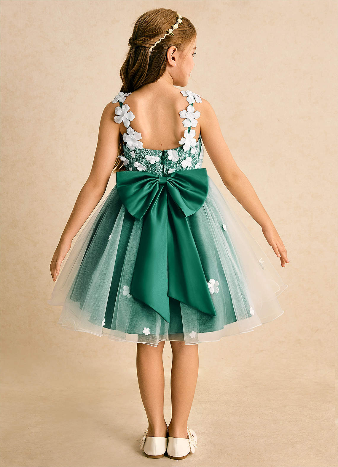 Azazie Junebug Robe Demoiselle D'honneur Fillette Robe Princesse en Tulle Dentelle Ivoire émeraude image1
