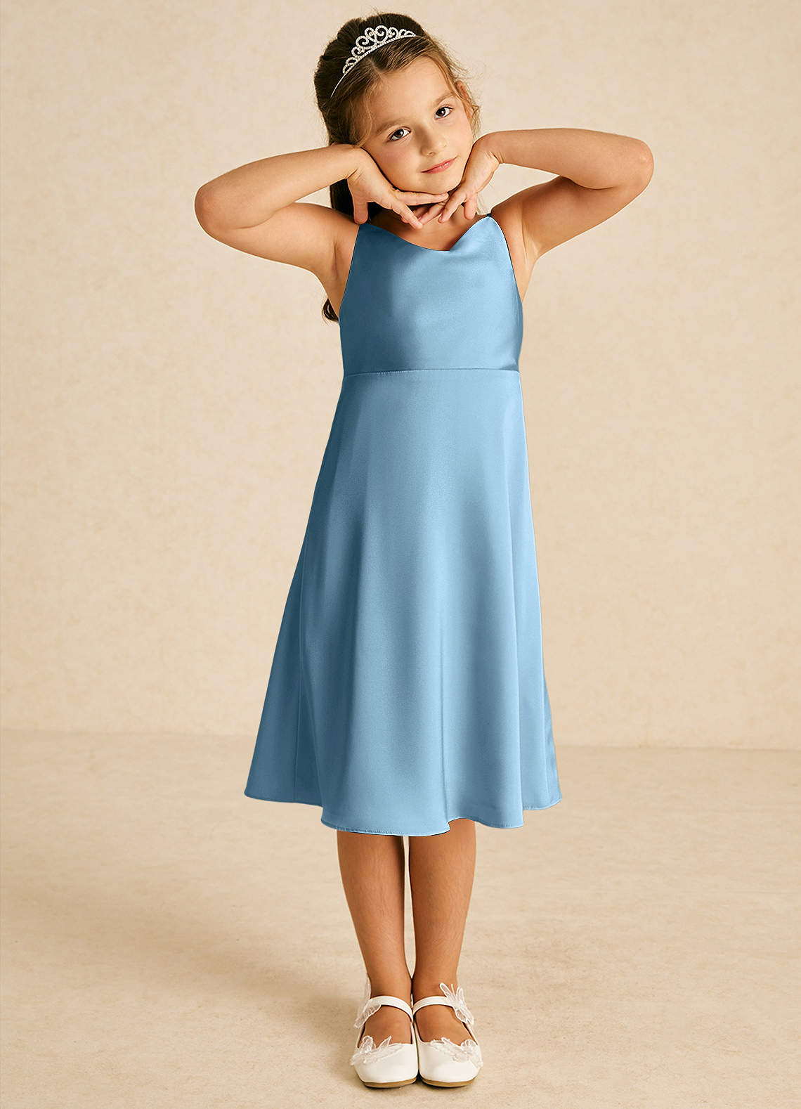 Azazie Zuzu Flower Girl Dresses Steel Blue A-Line Spaghetti Strap Stretch Satin Dress image1