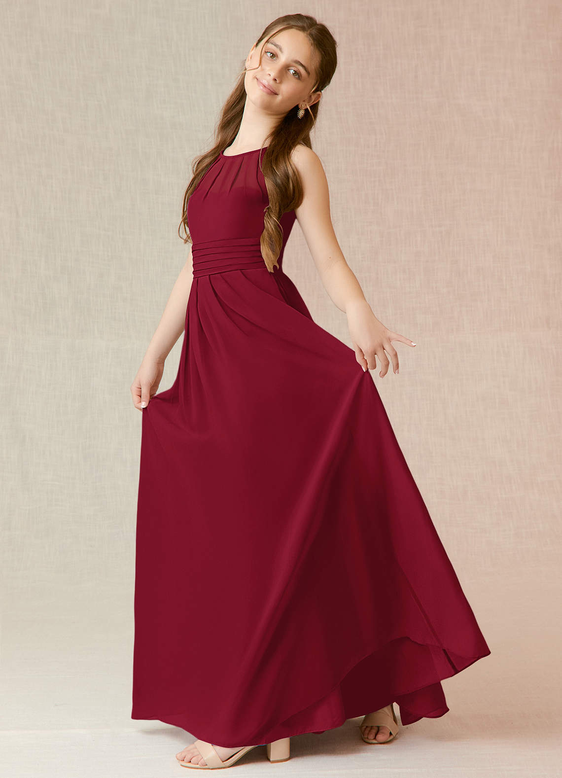 Azazie Bibiane Junior Vestido Borgonha de Chiffon de Linha A com Plissado image2