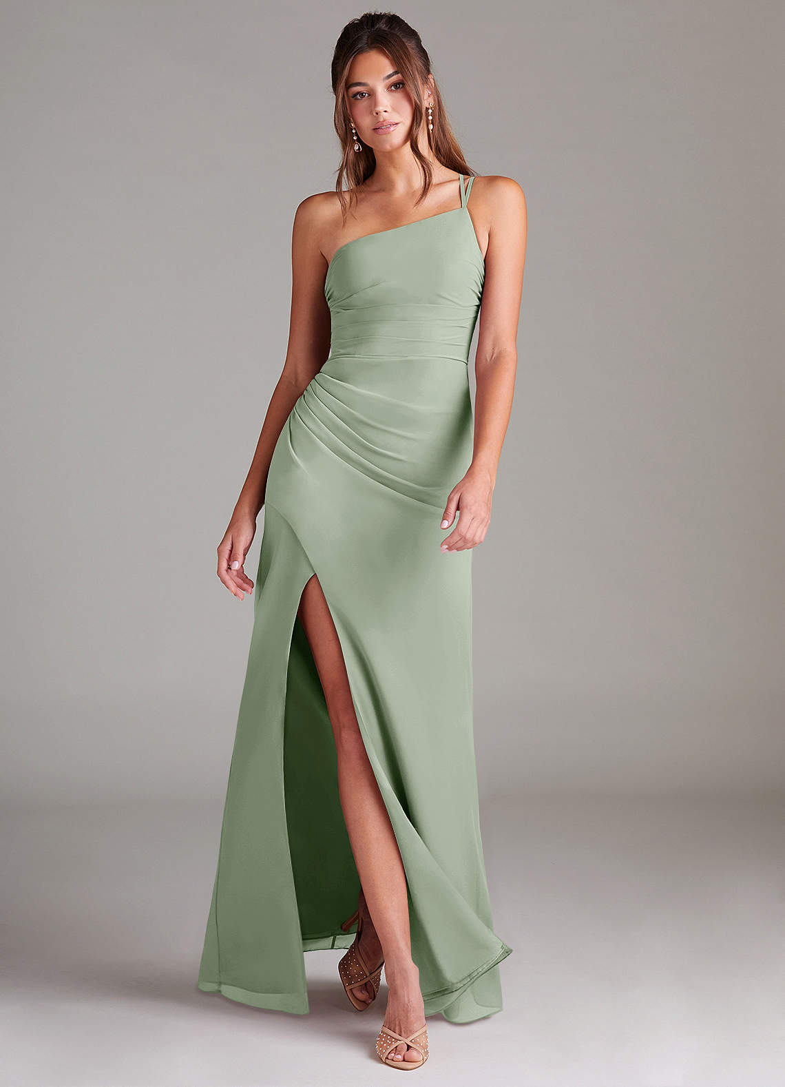 Azazie Eren Bridesmaid Dresses Dusty Sage Sheath One Shoulder Chiffon Dress image1