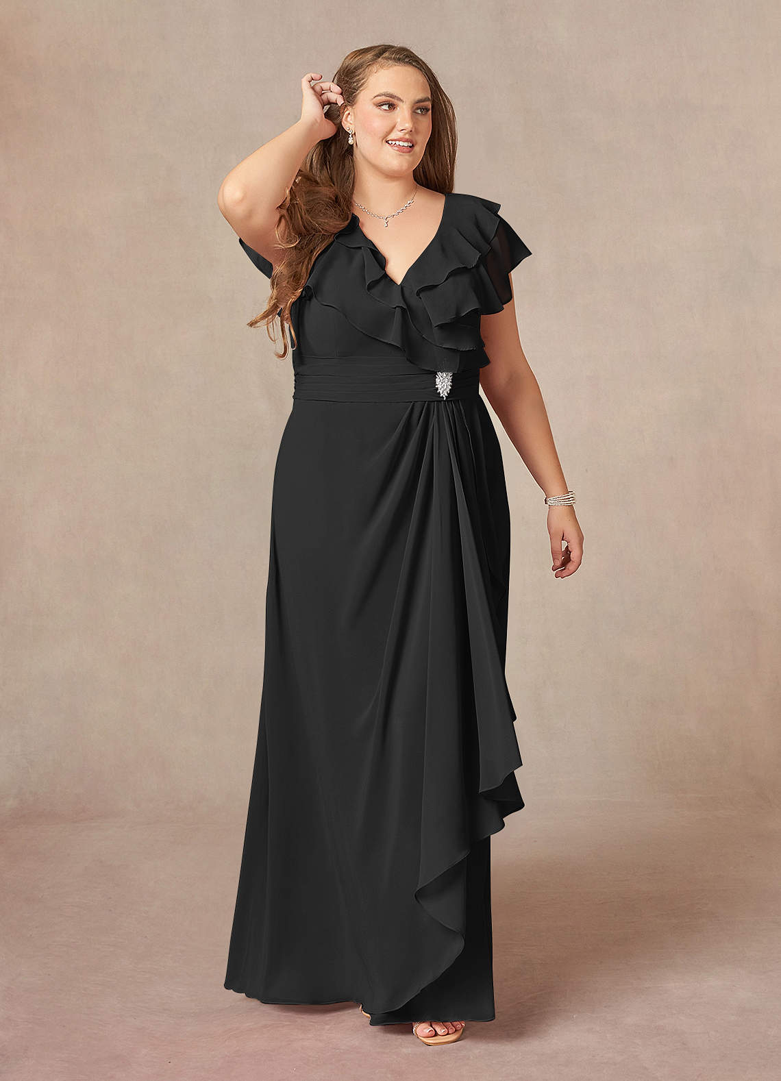 Azazie Snapdragon Mother of the Bride Dresses Black A-Line V-Neck Ruched Chiffon Dress image1