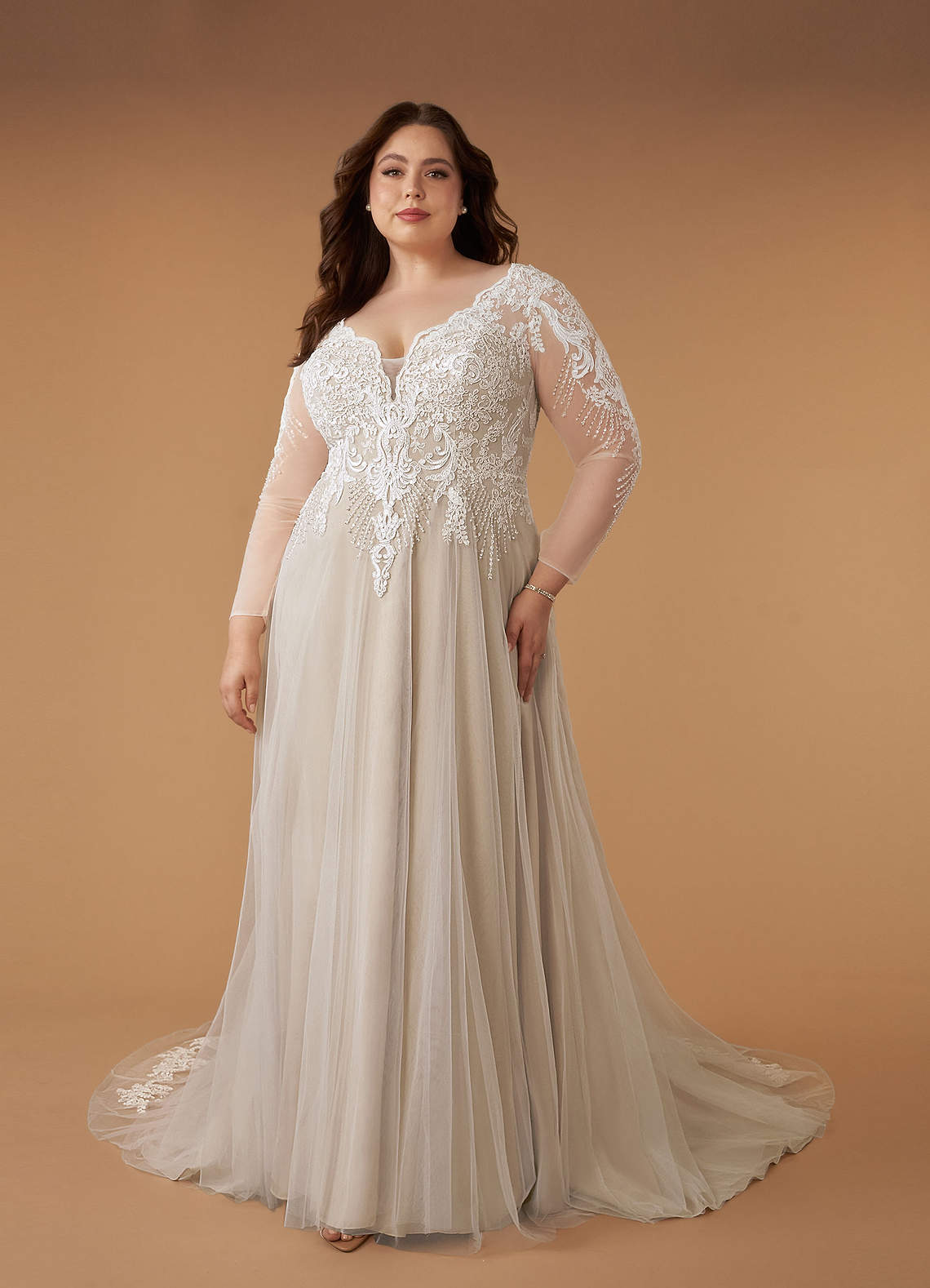 Azazie Essy Wedding Dresses Diamond White Nude A-Line V-Neck Sequins Tulle Dress image1