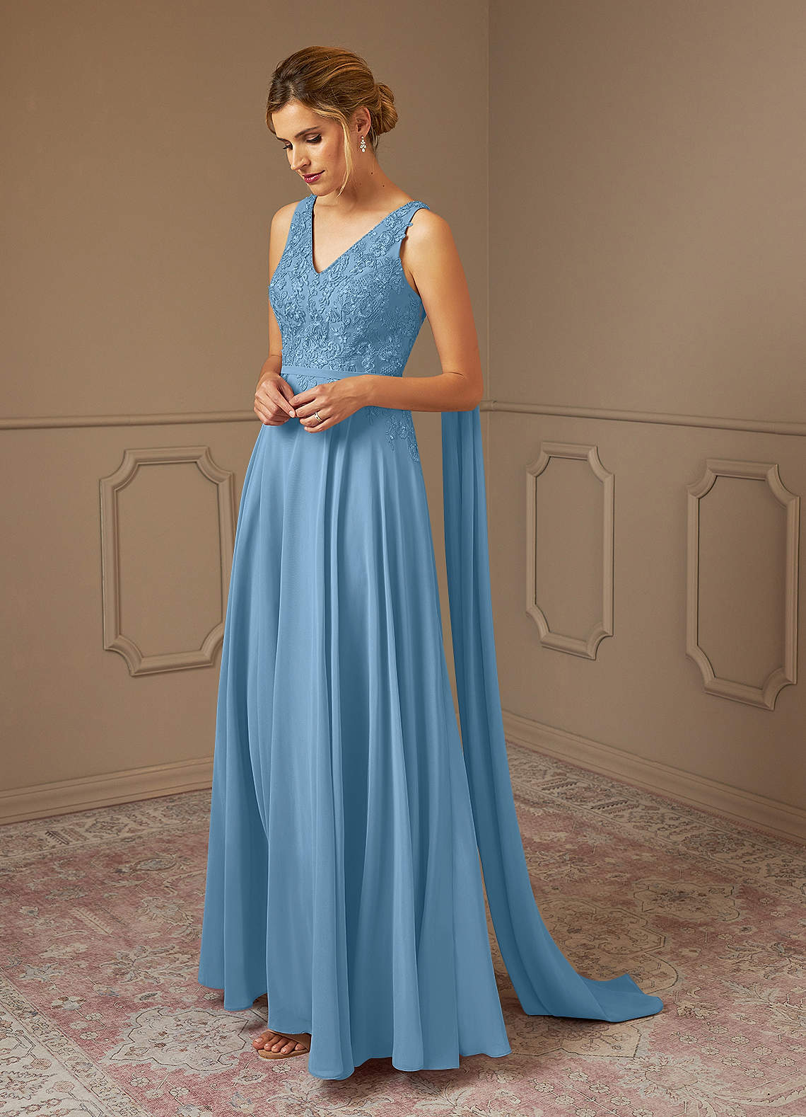 Azazie Joules vestidos de madre de la novia Vestido de Azul Acero de Gasa de Corte En A con Lentejuela image1