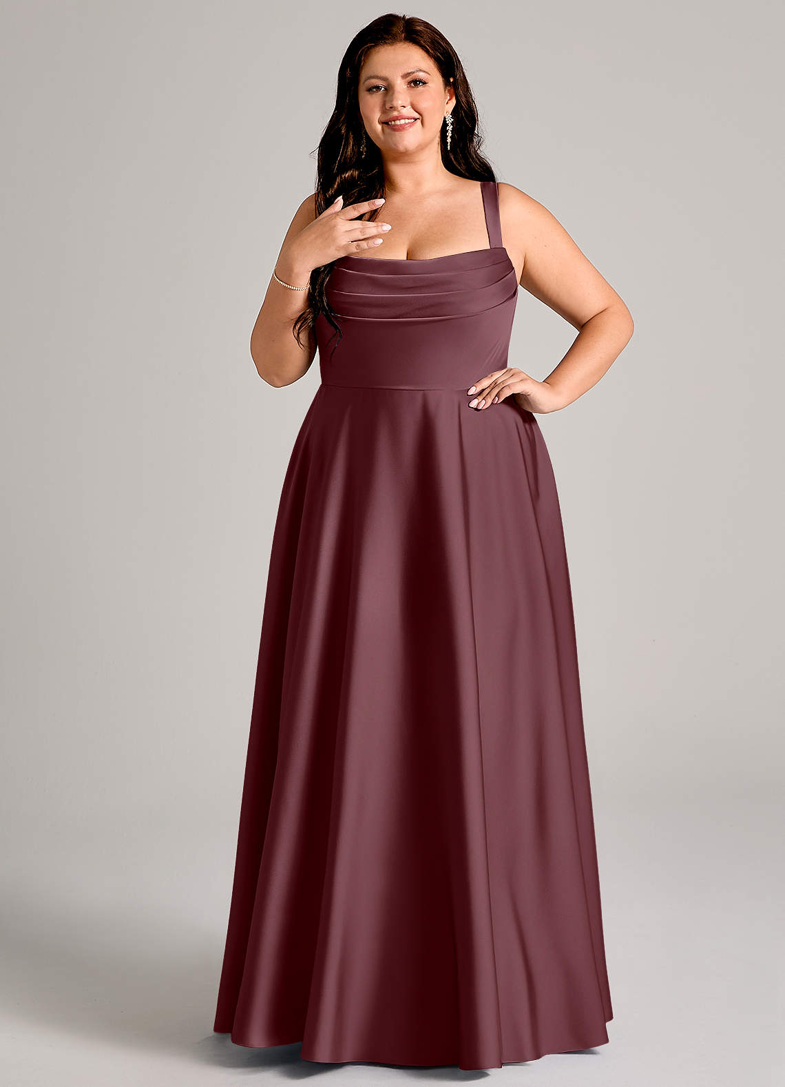 Azazie Shaude Bridesmaid Dresses Sangria A-Line Pleated Stretch Satin Dress image1