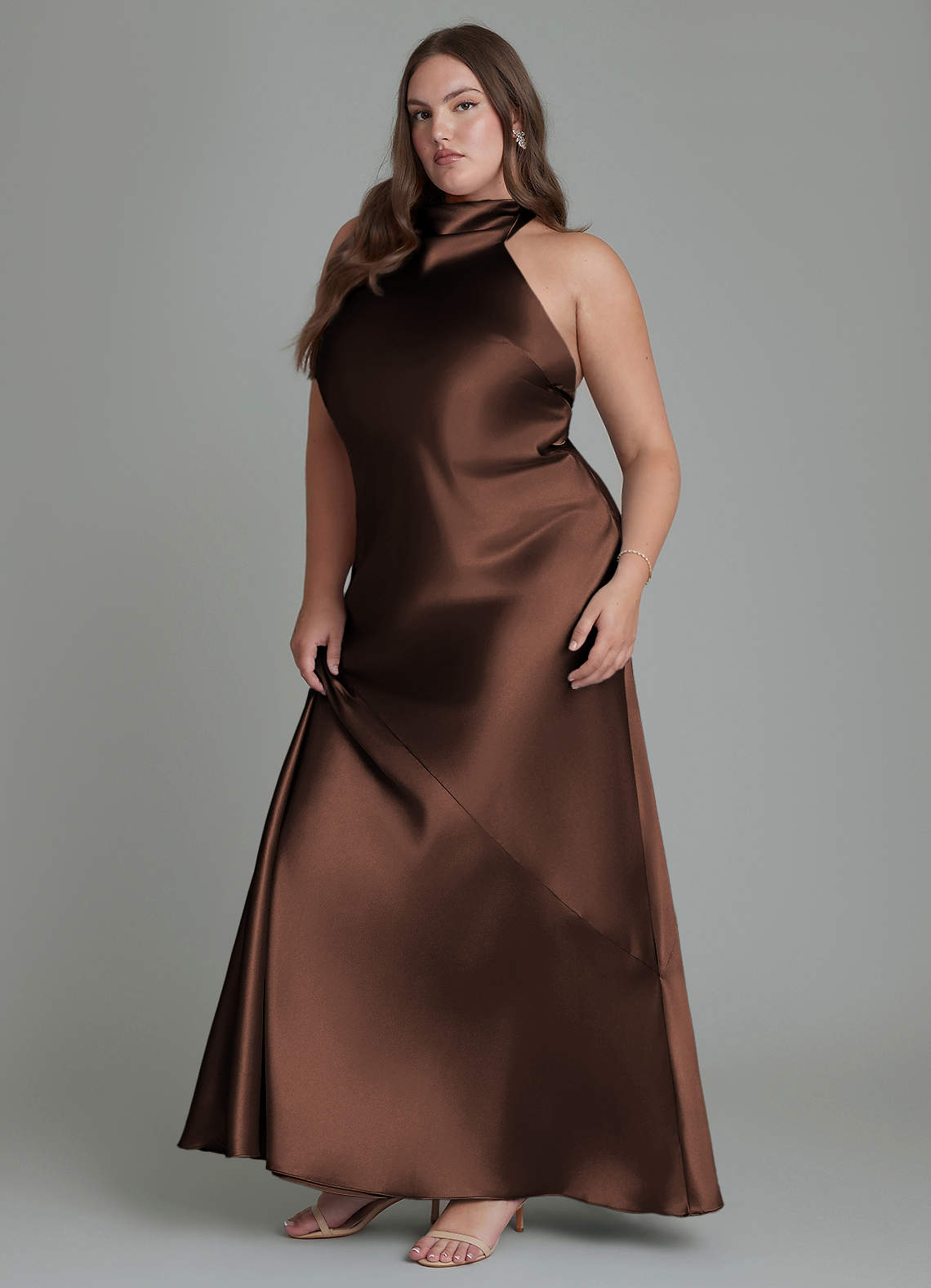 Azazie Velli Bridesmaid Dresses Ganache Sheath High Neck Metallic Satin Dress image11