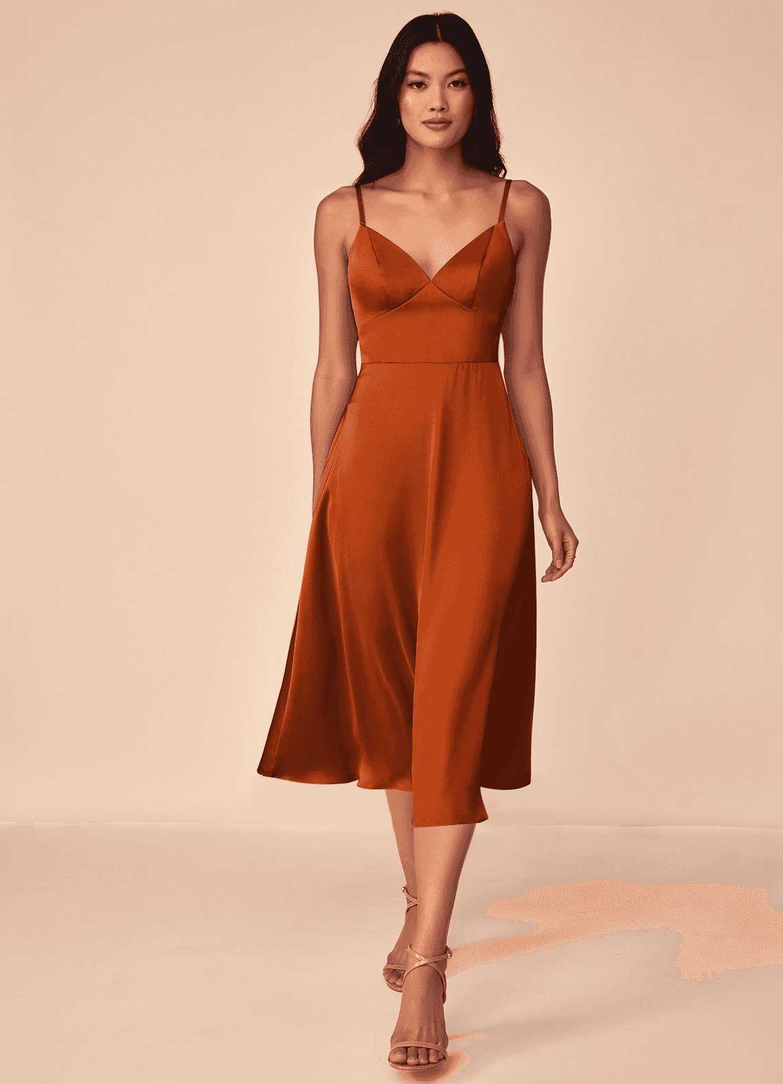 Azazie Dottie Ready to Ship Burnt Orange Stretch Satin Bridesmaid Dresses |  Azazie