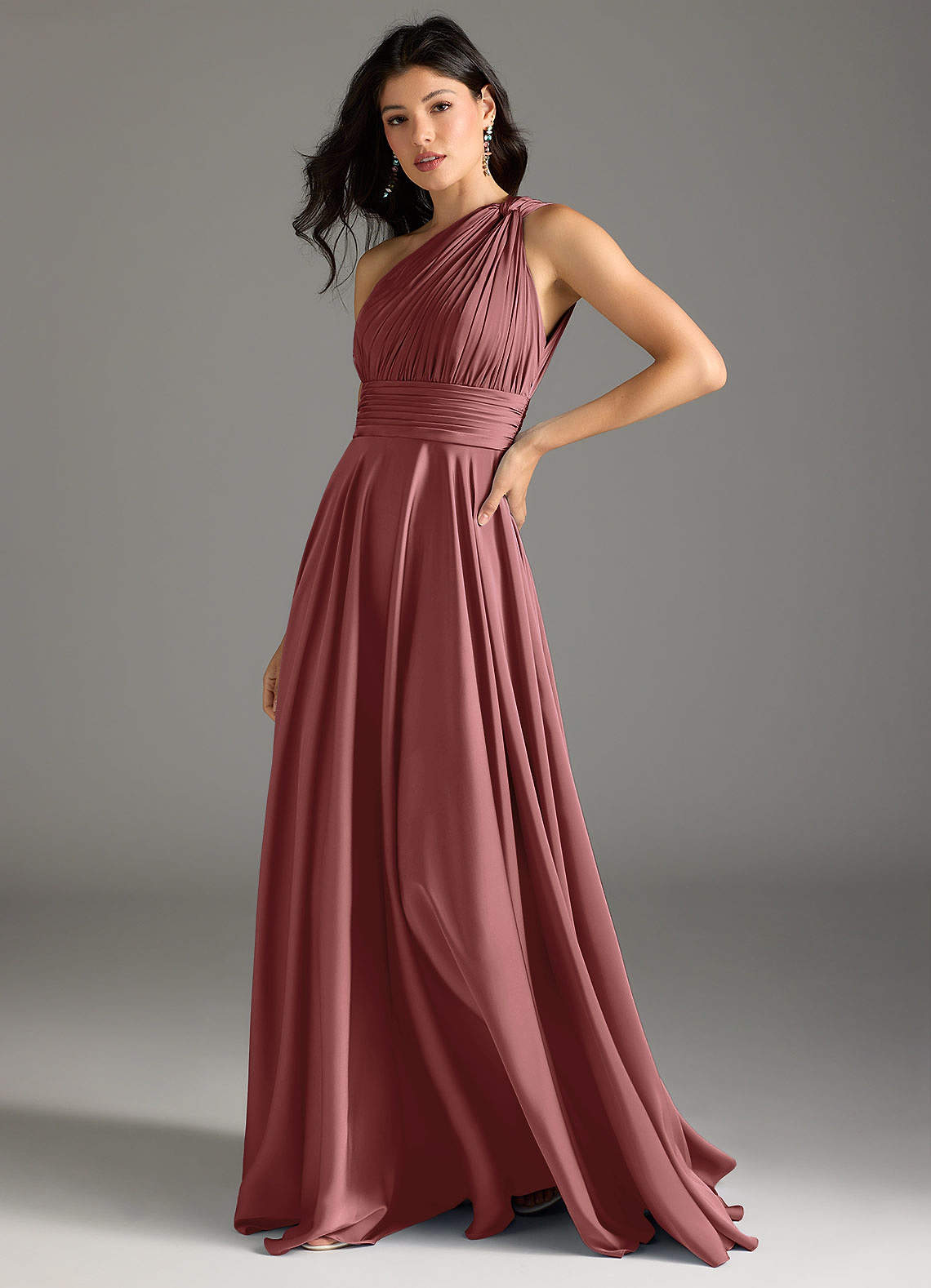Azazie Charlize Bridesmaid Dresses Amethyst A-Line One Shoulder Stretch Satin Dress image3