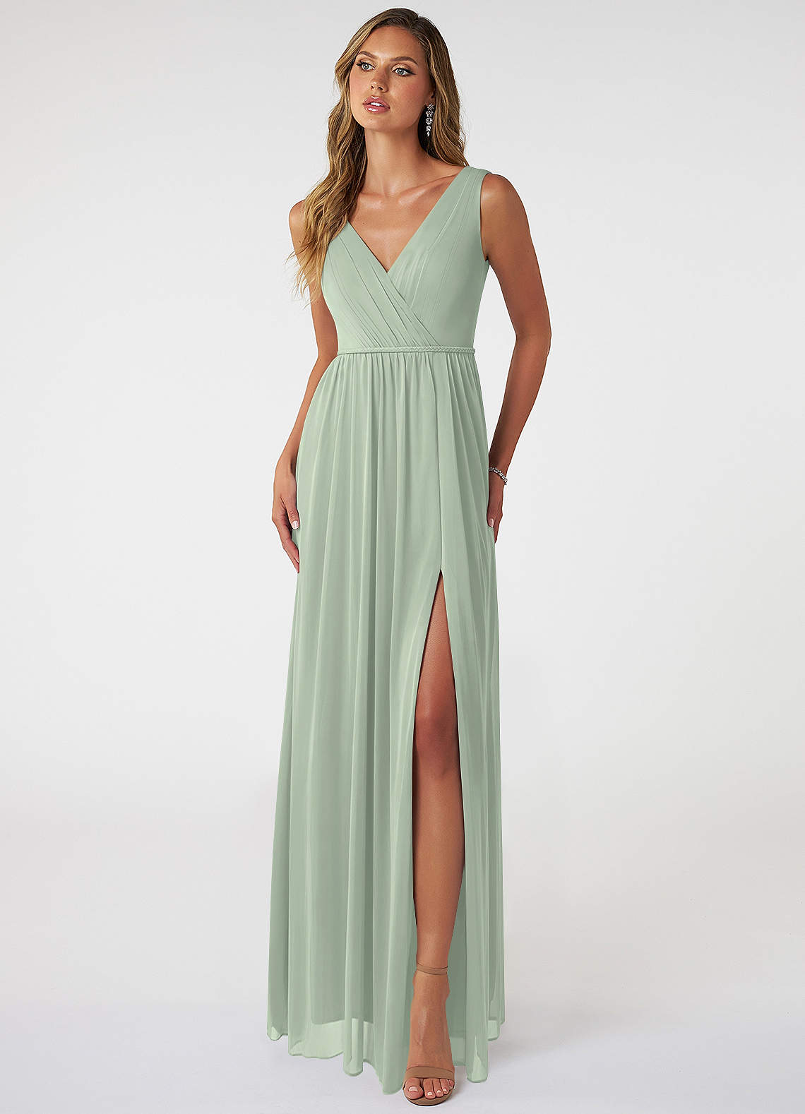 Azazie Tanicia Bridesmaid Dresses Dusty Sage A-Line V-Neck Pleated Mesh Dress image1