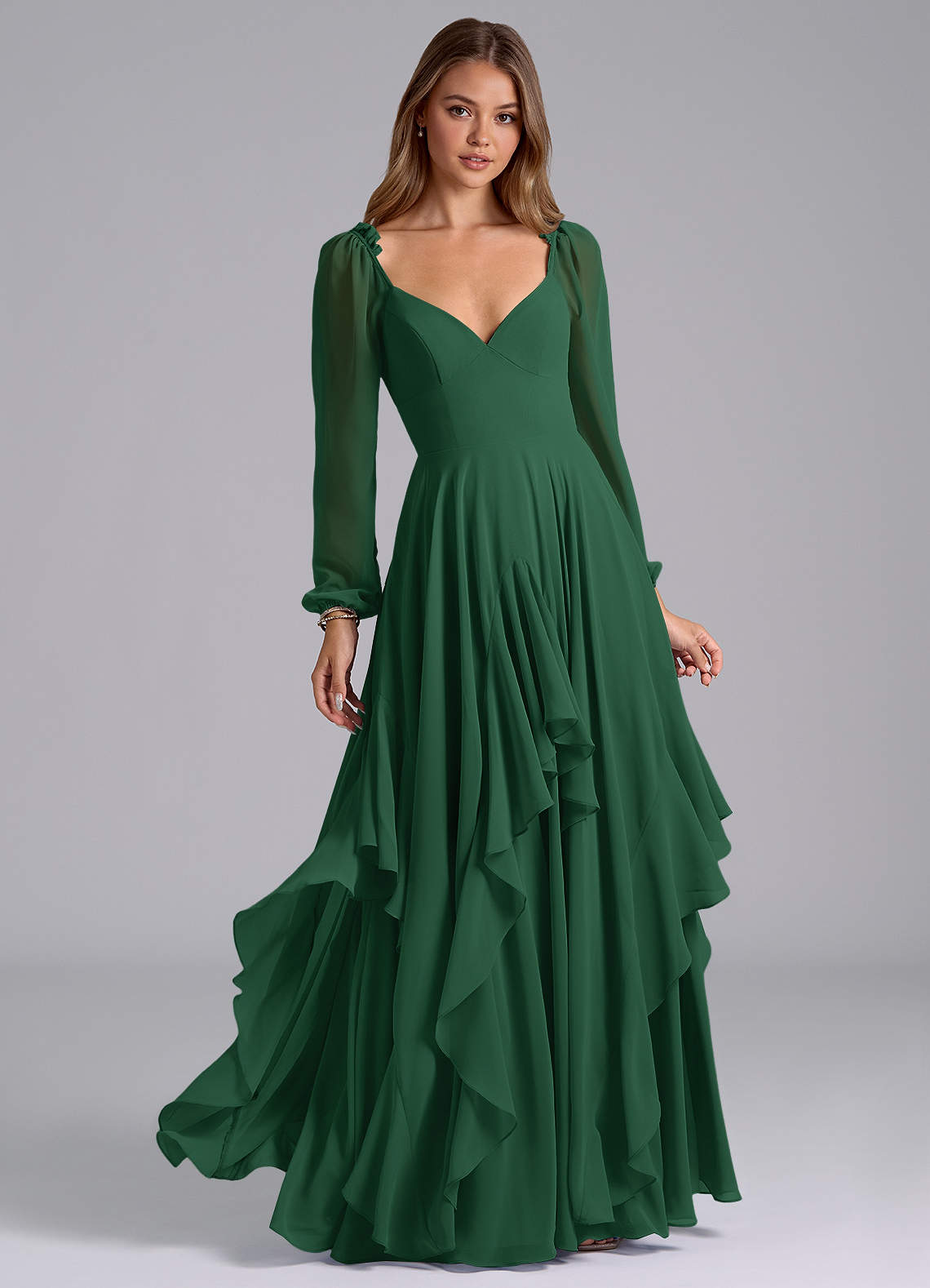 Azazie Karan Bridesmaid Dresses Dark Green A-Line Long Sleeve Chiffon Dress image1