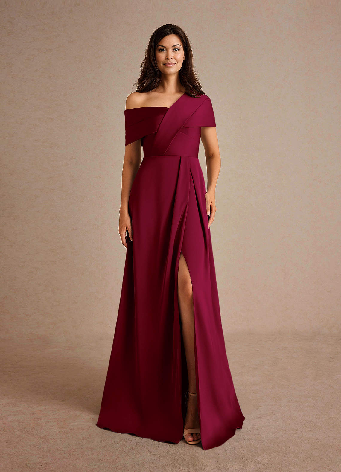 Azazie Milton Mother of the Bride Dresses Burgundy A-Line Pleated Stretch Satin Dress image6