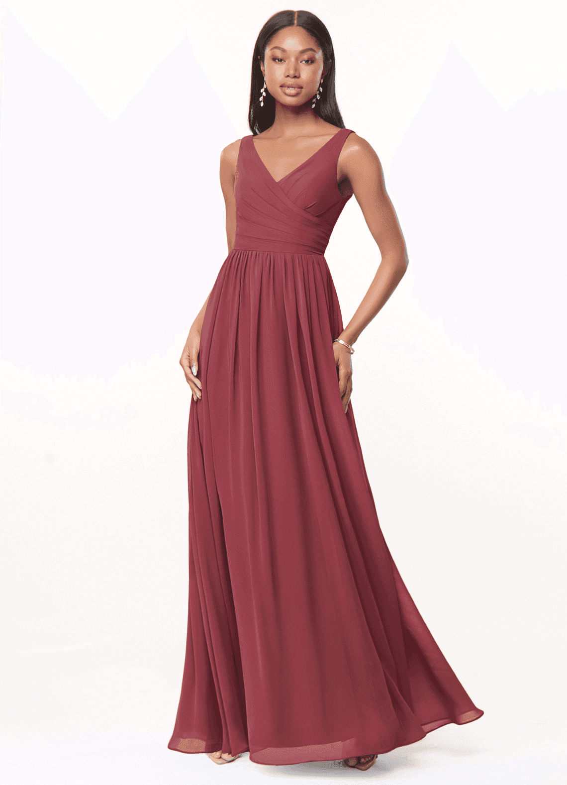 Azazie Keyla Bridesmaid Dresses Merlot A-Line V-Neck Pleated Chiffon Dress image1