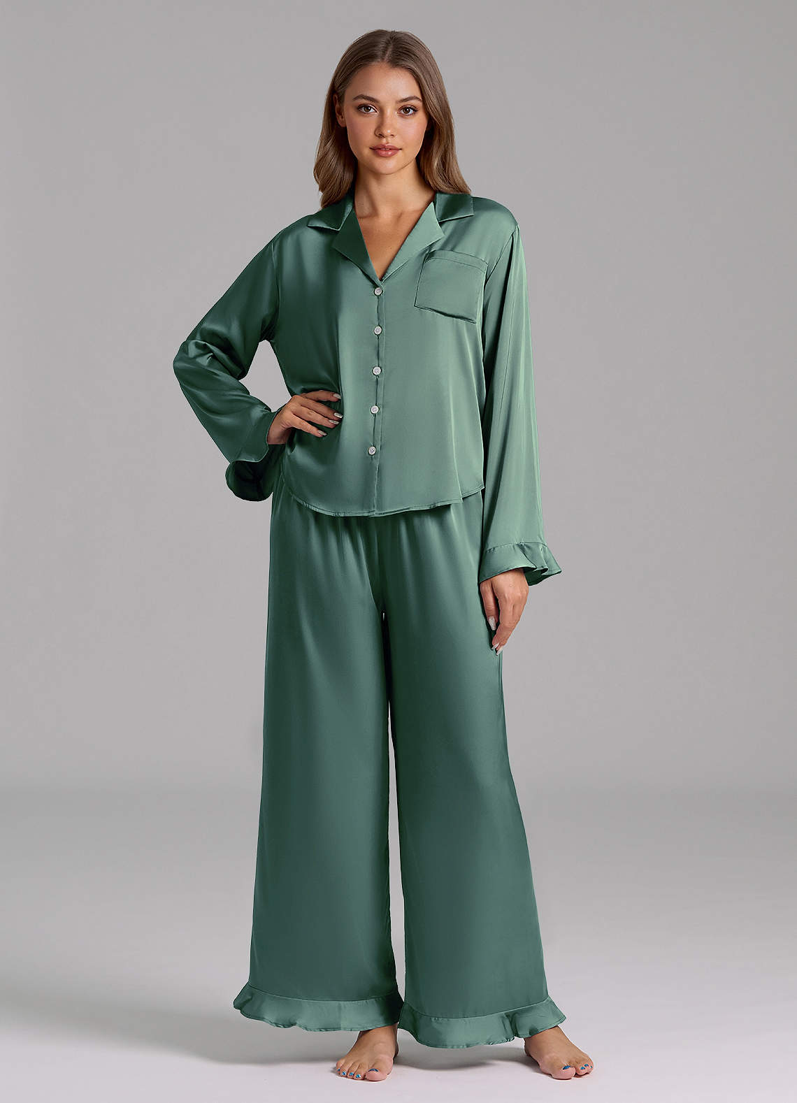 front Matching Color Ruffled Satin Long Sleeve Pajama Set