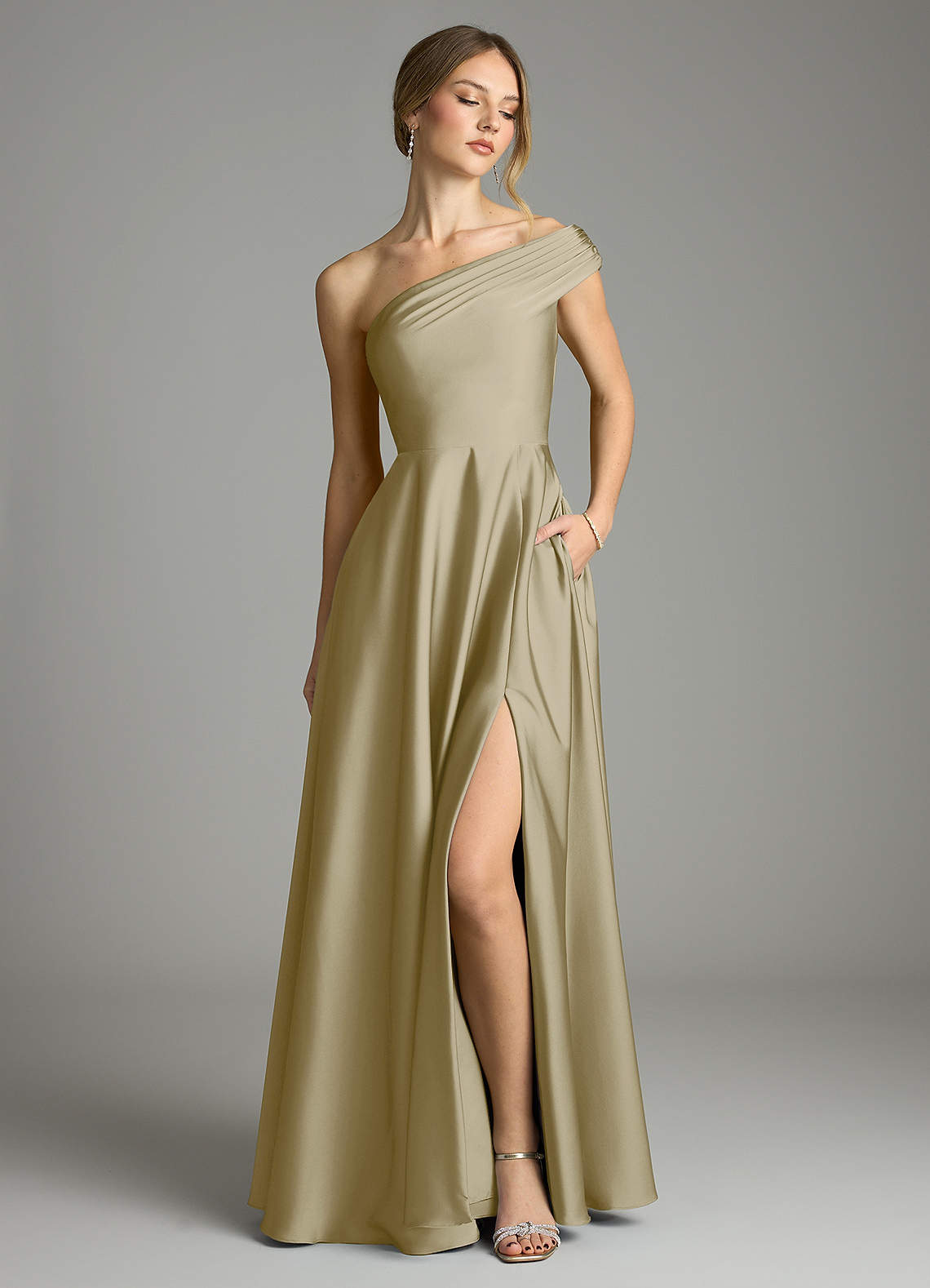 Azazie A-Line Off The Shoulder Floor-Length Stretch Satin Bridesmaid Dresses - Moss Green