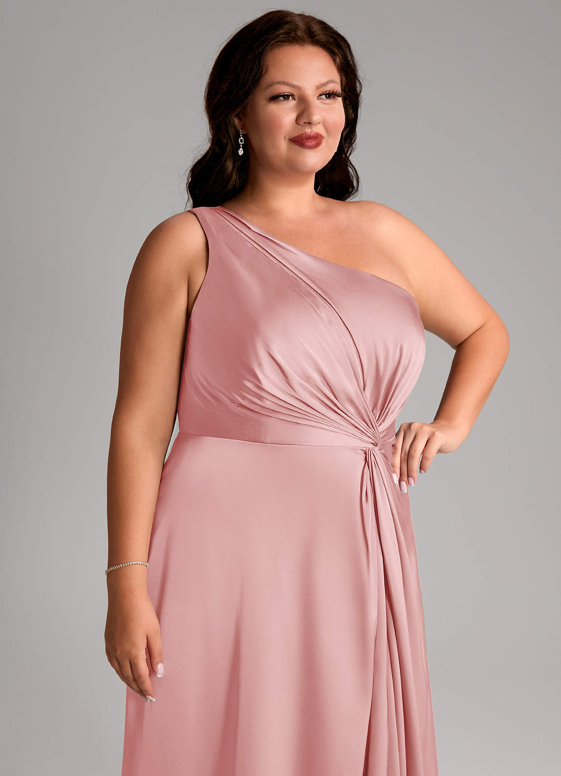 Azazie Brooke Bridesmaid Dresses Powder Pink A-Line One Shoulder Stretch Satin Dress image13