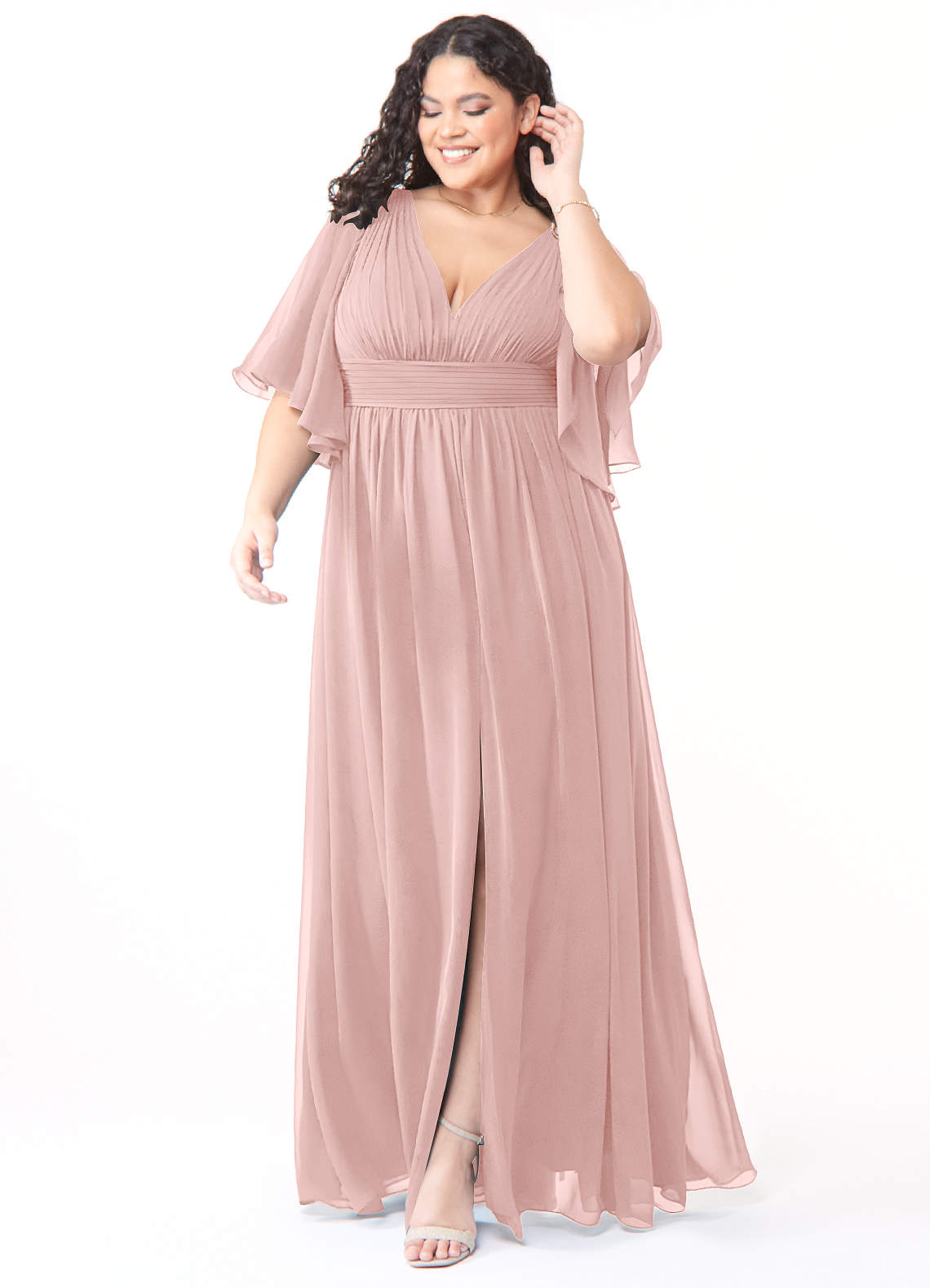 Azazie Temeka Robes de demoiselle d'honneur Robe Trapèze en Mousseline de soie Rayé Rose Poudré image1