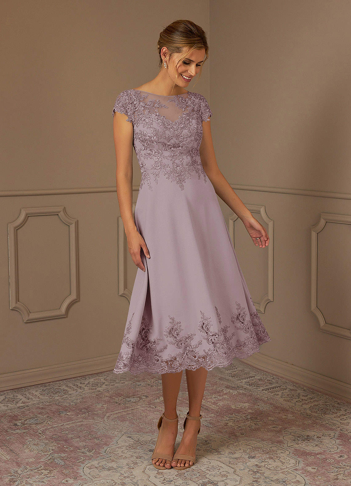 Azazie A-Line/Princess Illusion Midi Long Stretch Crepe Mother of The Bride or Groom Dresses - Vintage Mauve