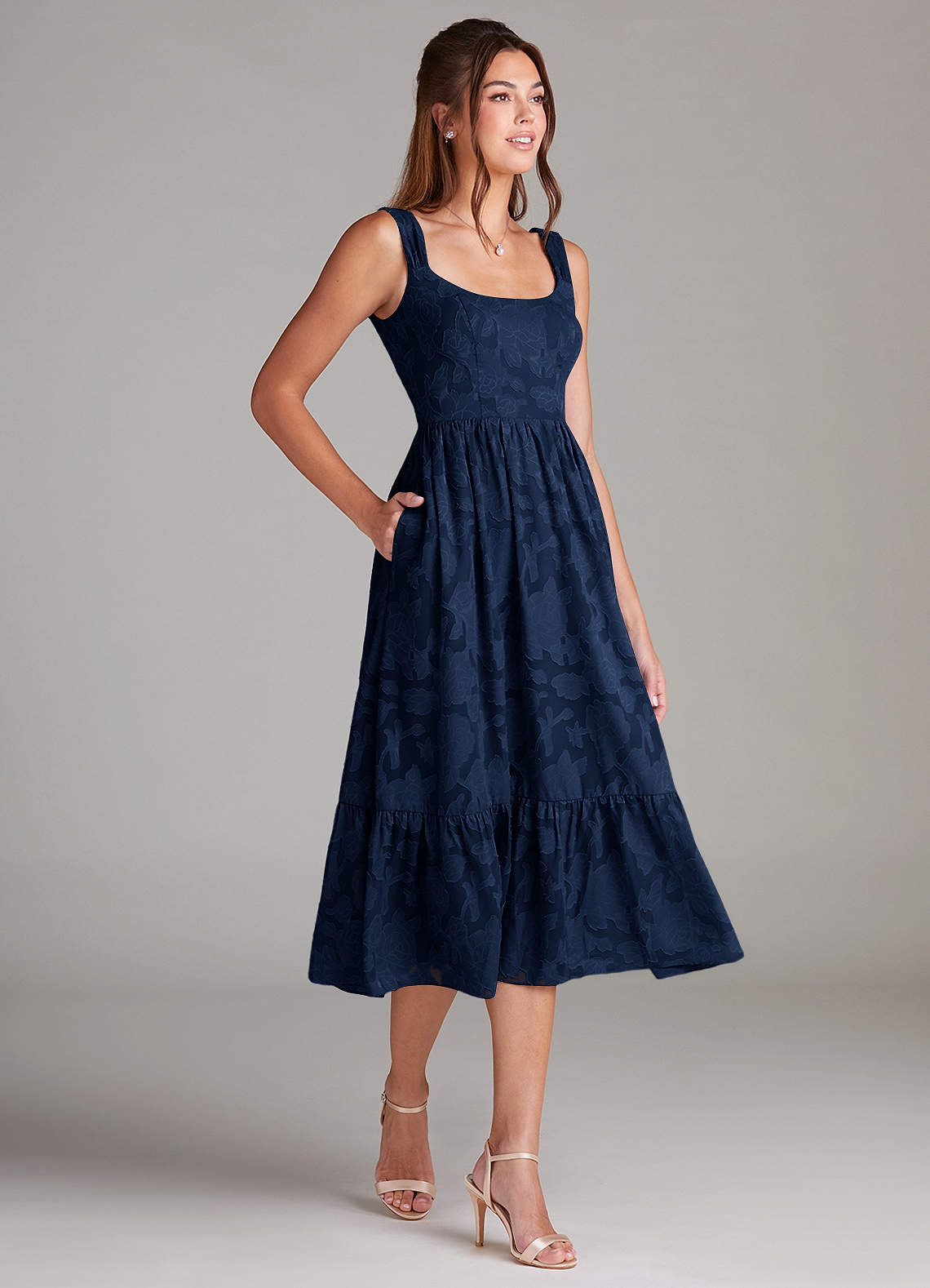 Azazie Alissa Brautjungfernkleider A-Linie mit Taschen Blumen-Burnout Kleid Dunkelmarine image3