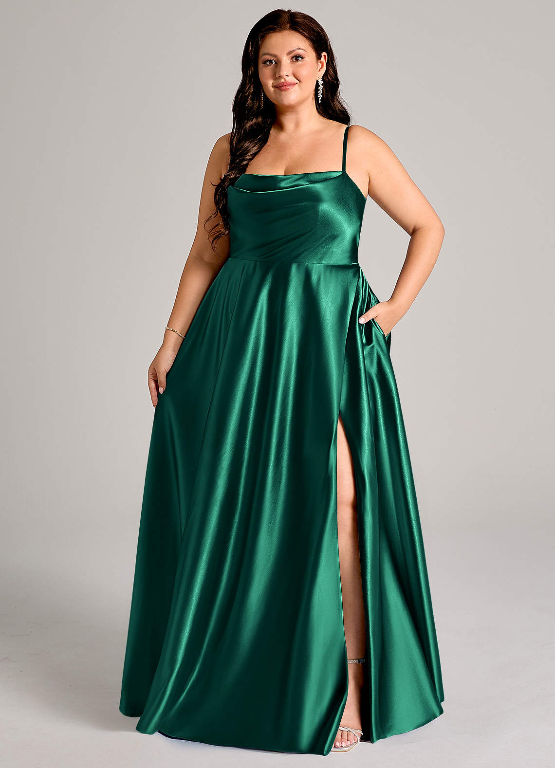 Azazie Elle Bridesmaid Dresses Emerald A-Line with Pockets Metallic Satin Dress image1
