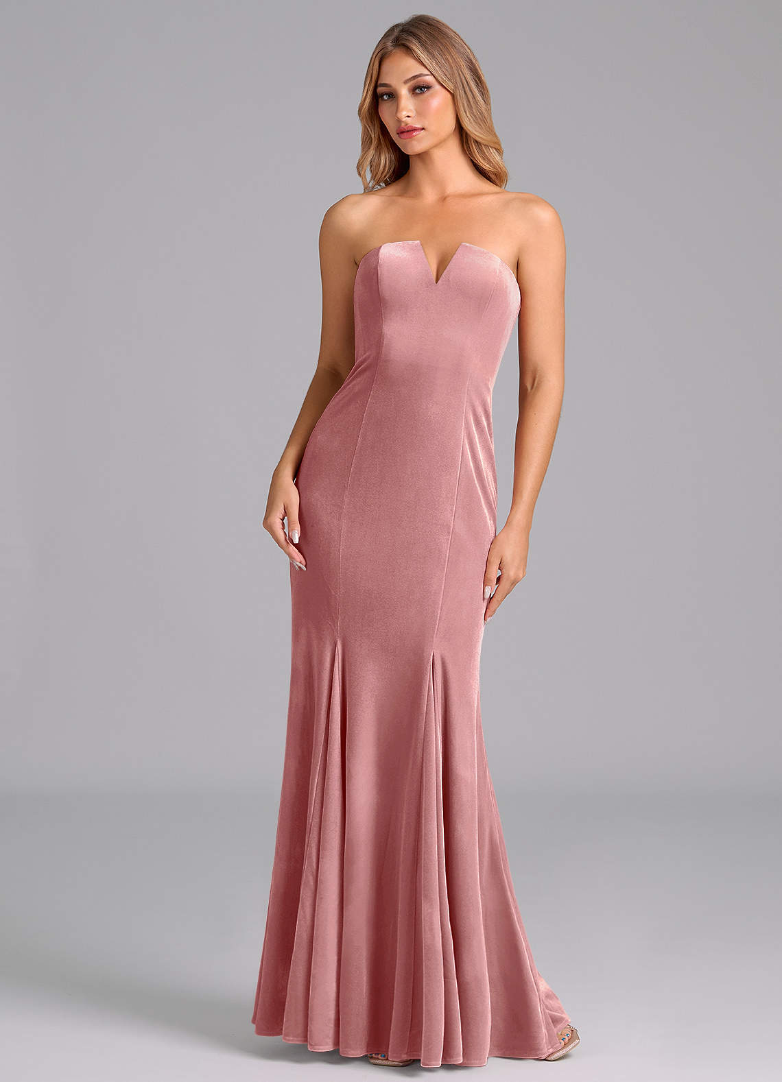 Azazie Yinnie At-home Try On Dresses Dusty Rose Mermaid Strapless Velvet Convertible Dress image1