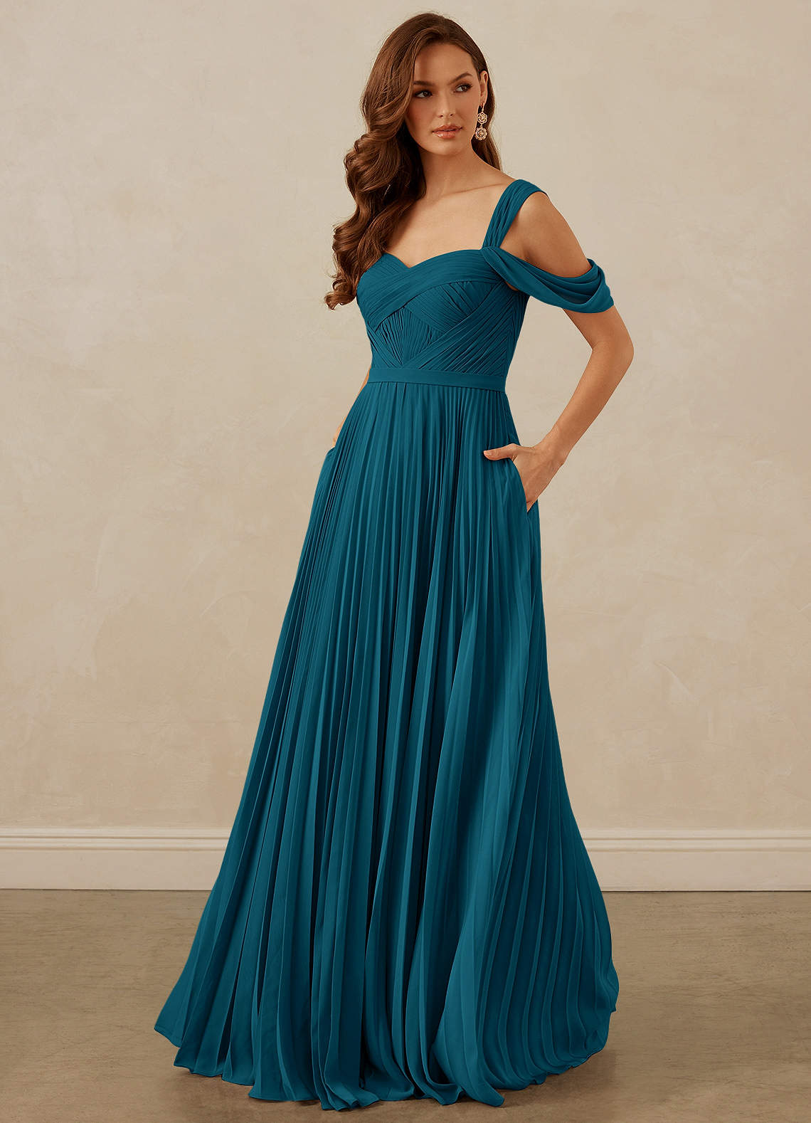 Christian Siriano Bridal for Azazie 1013 Bridesmaid Dresses Ink Blue A-Line Off the Shoulder Chiffon Dress image1
