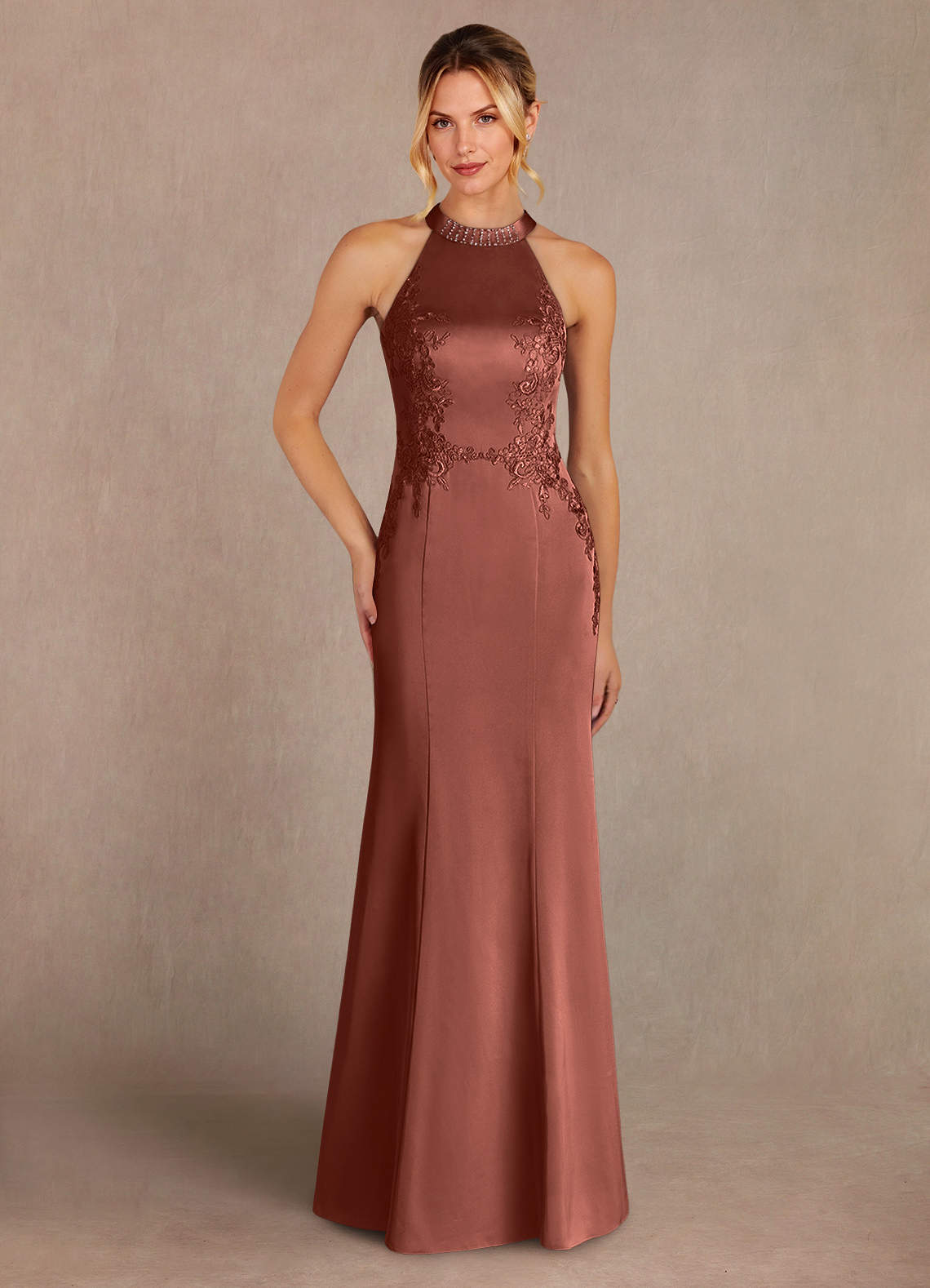 Azazie Tyra Mother of the Bride Dresses Auburn Mermaid Lace Stretch Satin Dress image1